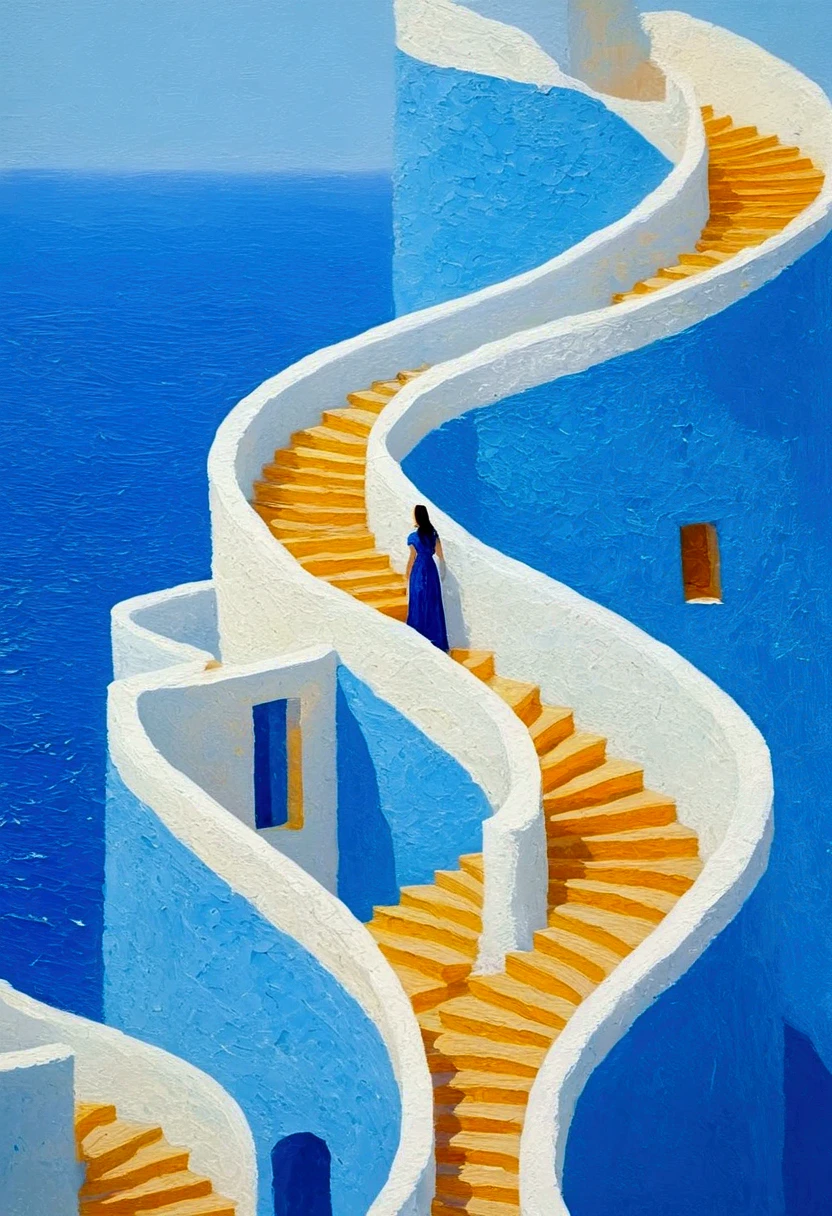 Dima Dmitriev, Spirals, Tang Yau Hoong, Richard Serra Inspiration, Top View Angle, High Masterpiece Composition, Golden Section Line, Klein Blue, Tiffany Blue,Malta Blue Tones, Oil Painting Style, Strong Color Contrast,Minimalist,