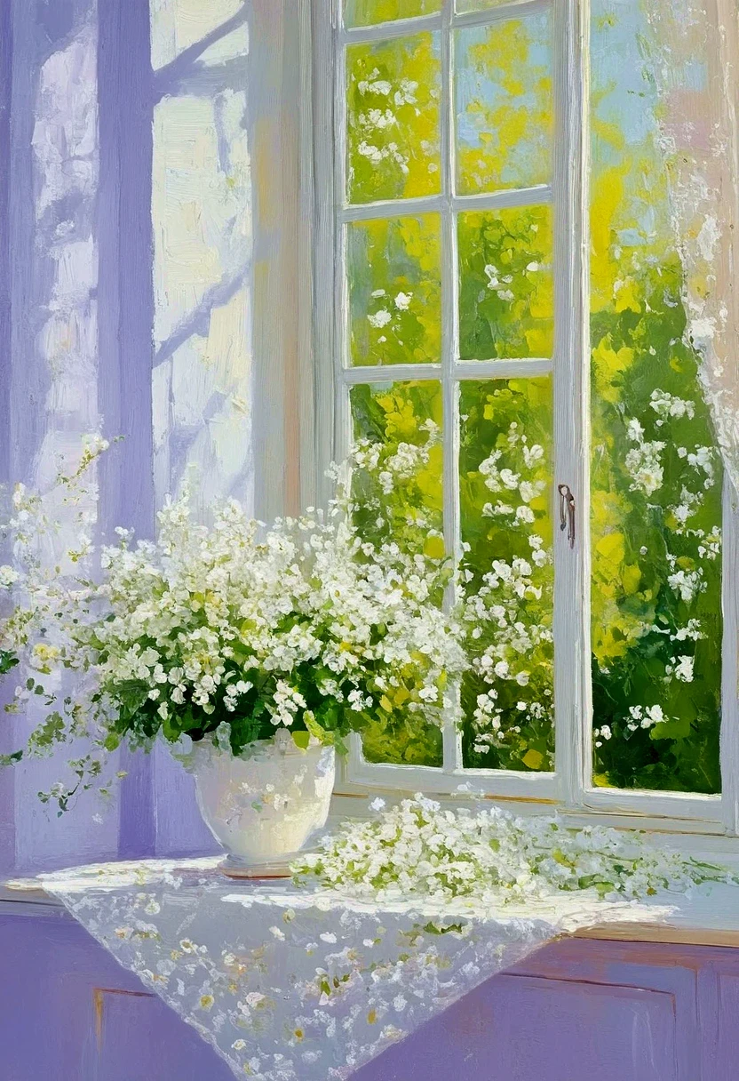 a painting of a window with white flowers on the sill, in the style of light violet, elegant subjects, i can't believe how beautiful this is