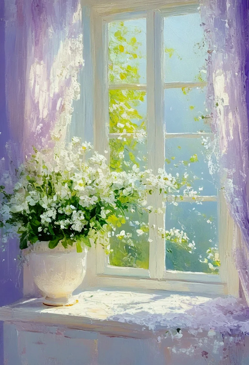 a painting of a window with white flowers on the sill, in the style of light violet, elegant subjects, i can't believe how beautiful this is