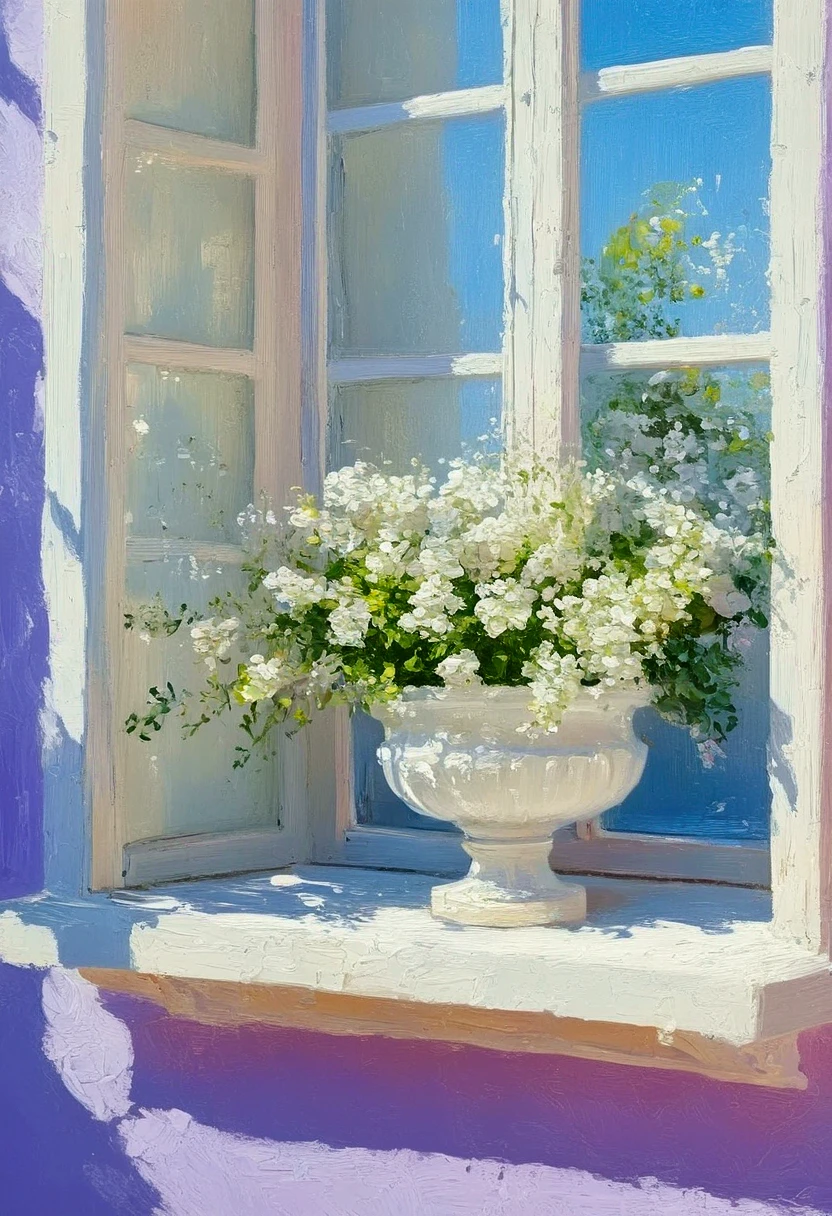 a painting of a window with white flowers on the sill, in the style of light violet, elegant subjects, i can't believe how beautiful this is