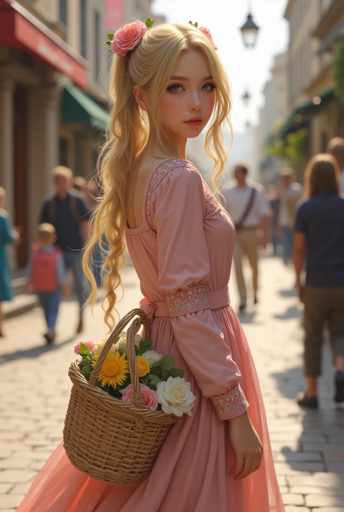 (top quality, 4K, masterpiece :1.3) a eighteen beautiful european woman, blonde haired, pale skin, very pale green eyes, slanted eyes, very long hairs, high ponytail braids, light pink lips, holding a shopping basket, beautiful detailed eyes, cute earring, cute long colorful dress, cute shoes, happy look, romantic Victorian streets landscape, delicate face, shy pose, cute and warm lighting, warm angle, detailed background, beautiful detailed eyes, whole body, stand up, flowers hairstyle, wavy hair, small, medium sized chest, realistic