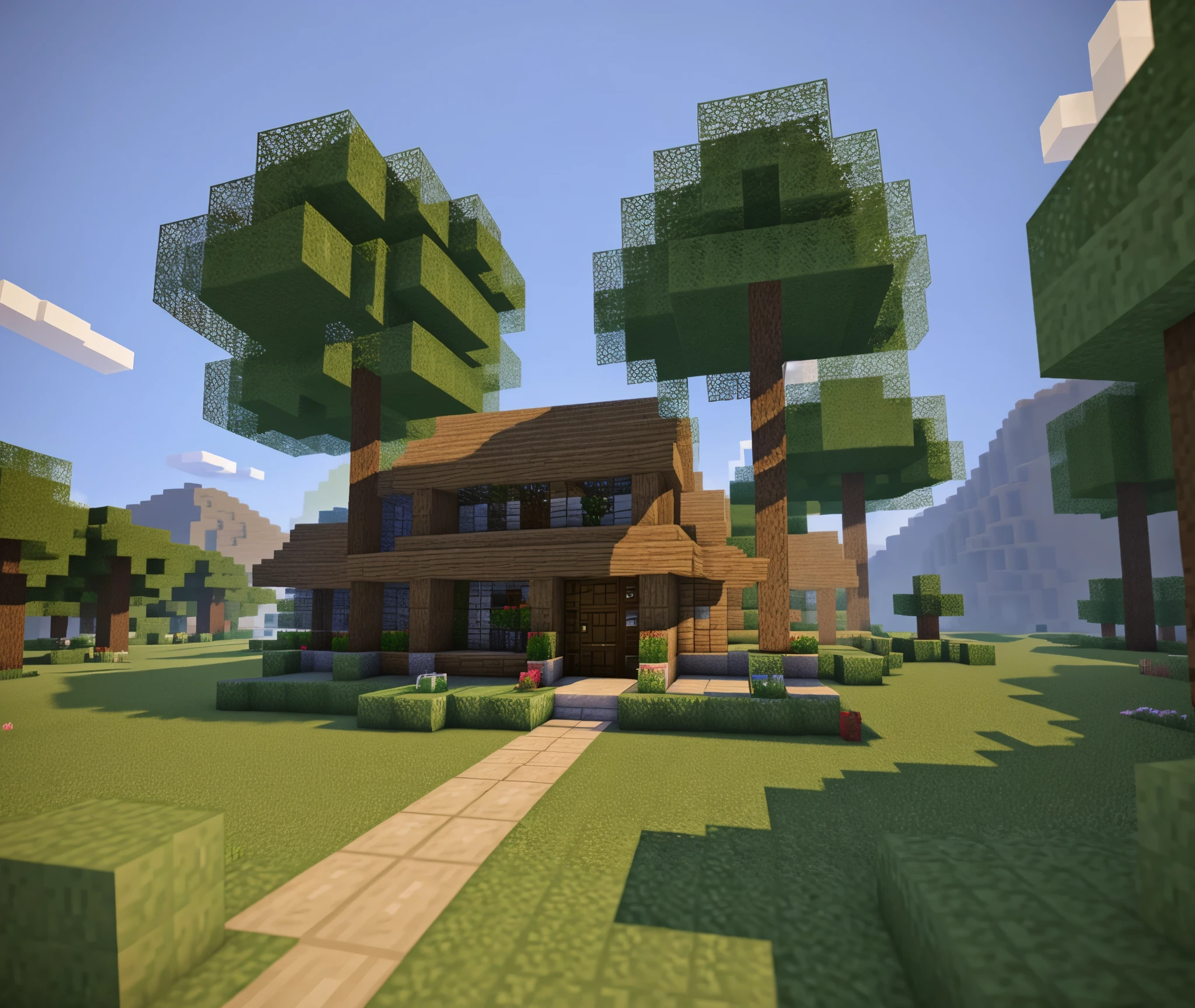 Luxury Mini House for Minecraft game . Environment grean with mountains and trees. Two side mini house 