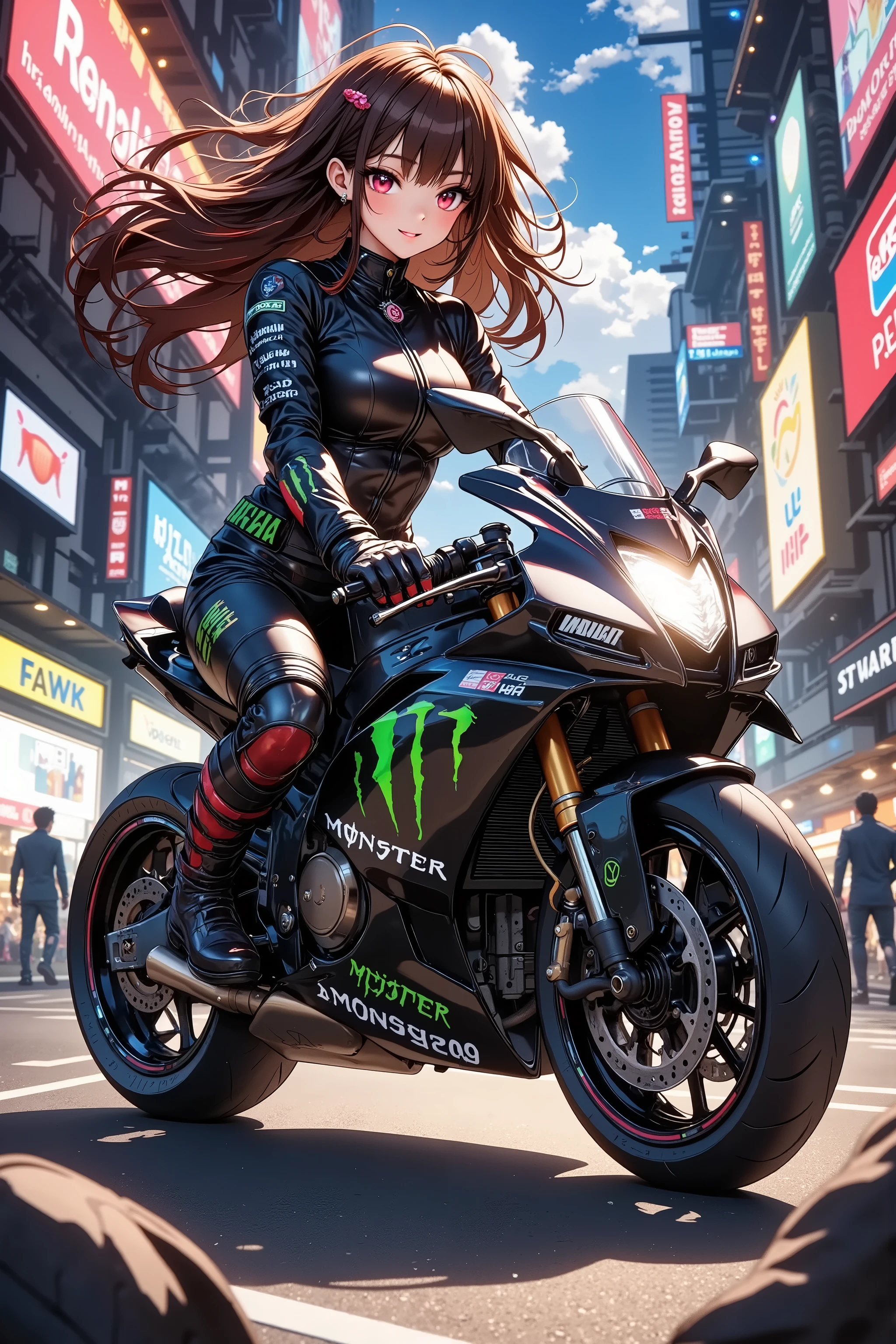 One beautiful woman riding a モンスターエナジー  motogp、 Ultra Wide Angle,  glossy brown skin 、 anime 、 top quality,  movie light effect, 