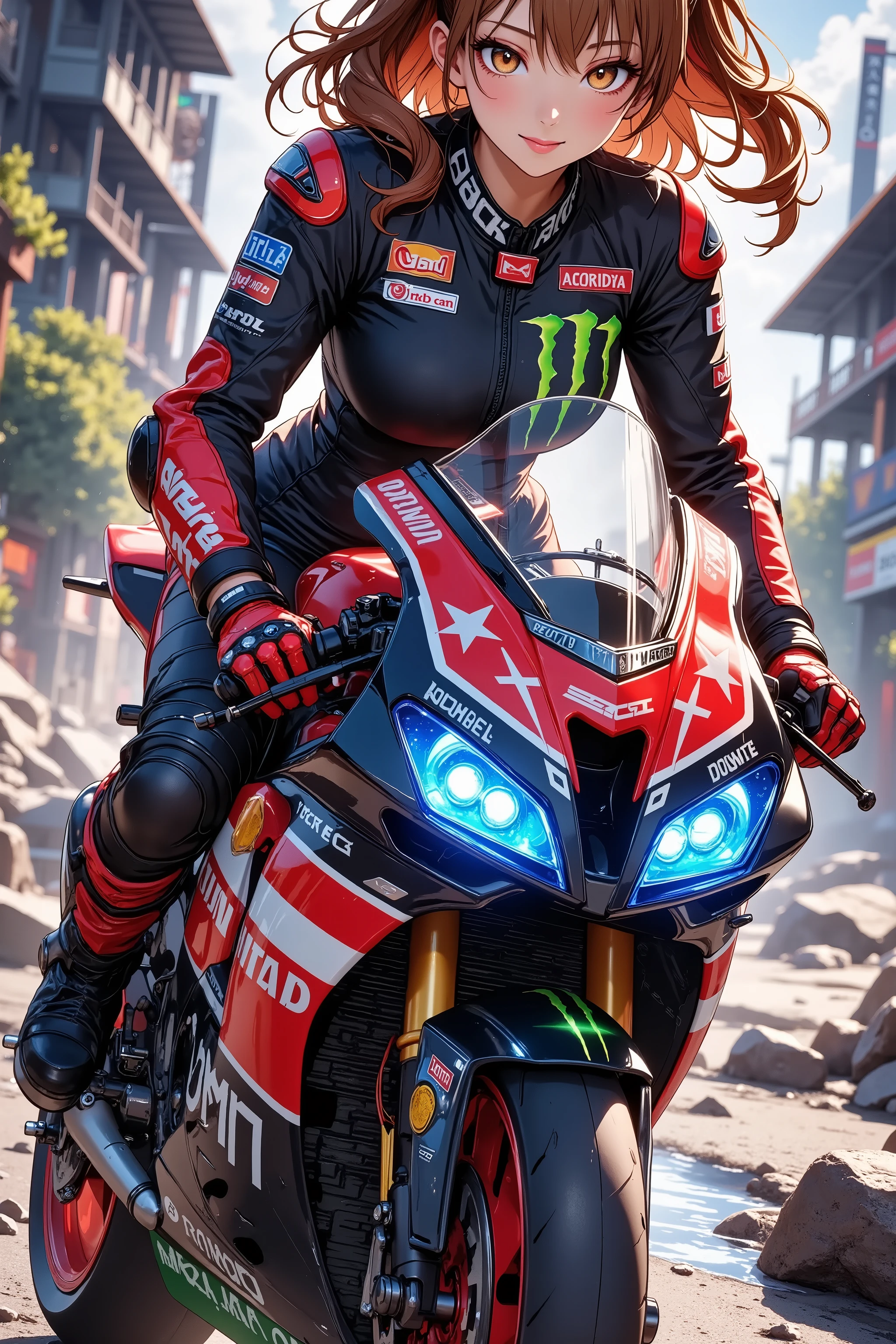 One beautiful woman riding a モンスターエナジー motogp、 Ultra Wide Angle, glossy brown skin 、 anime 、 top quality, movie light effect,
