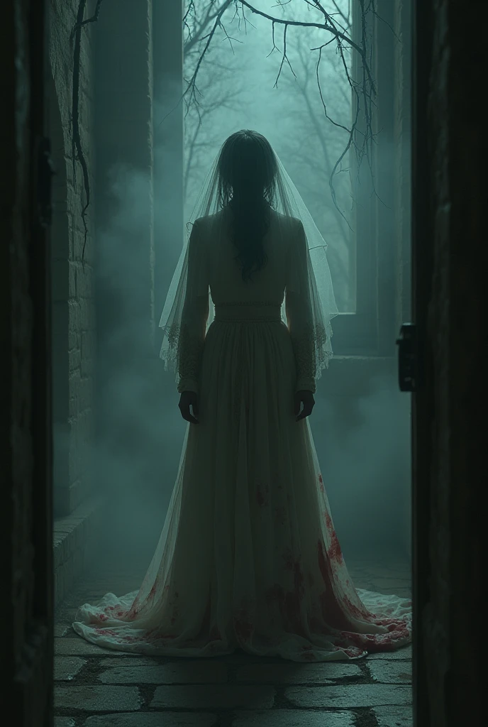A ghost bride from the 60s with a bloody ax in her hands with her back looking back out of the corner of her eye in a church scene from a horror film, poster