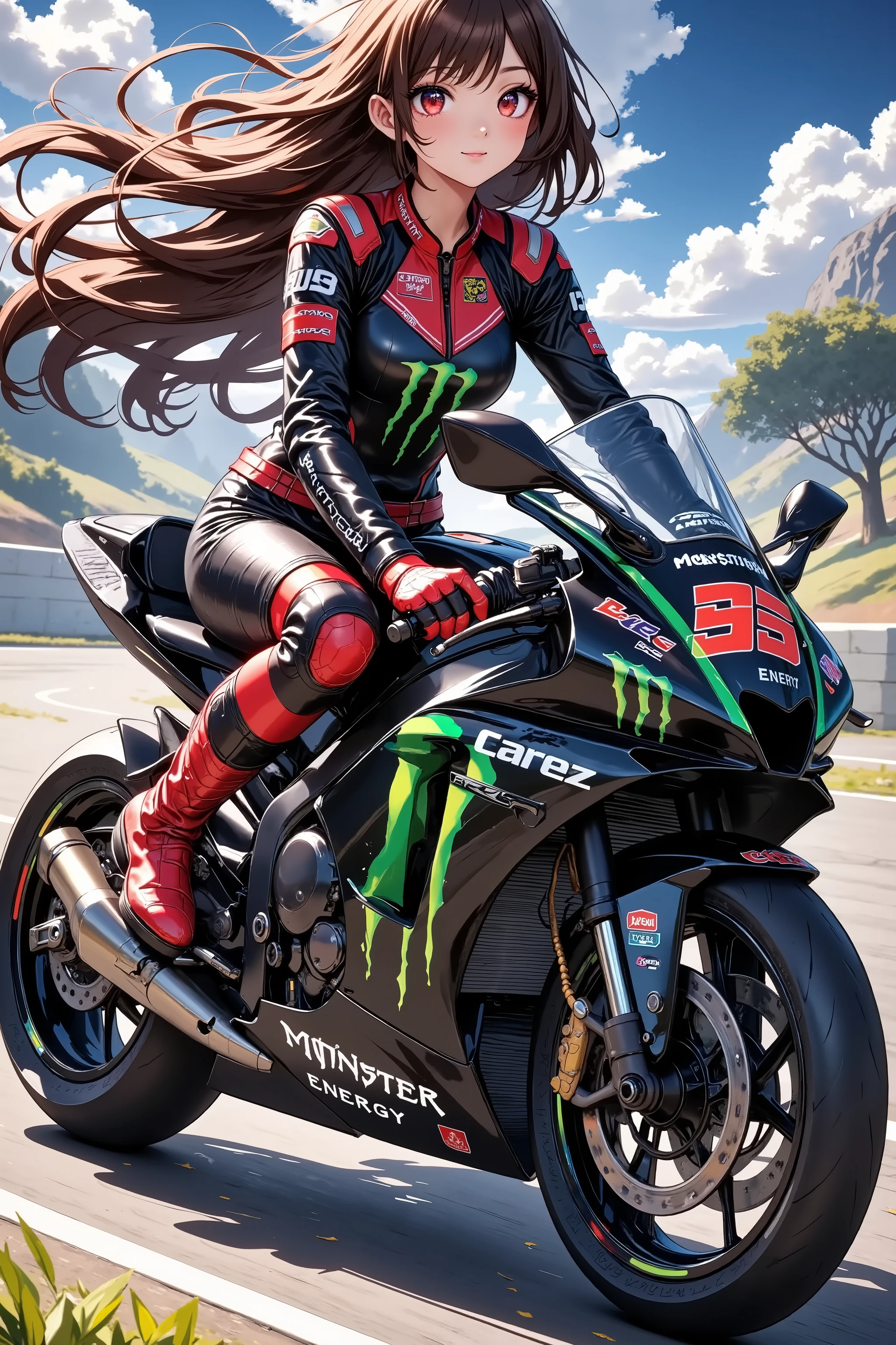 One beautiful woman riding a モンスターエナジー motogp、 Ultra Wide Angle, glossy brown skin 、 anime 、 top quality, movie light effect,