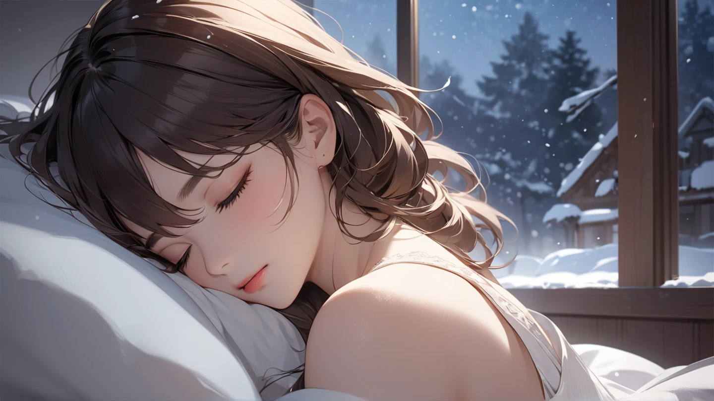 ((Top Quality)), ((Masterpiece)), ((Details), snowy window, snowy night, woman lying in bed, woman sleeping