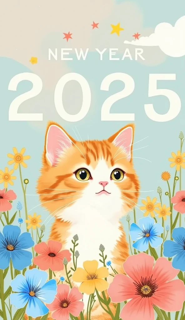  very simple posters、 pastel colored posters 、new year poster、Watercolor、 cute character 、 very cute posters 、Cats and flowers are drawn , 2025,