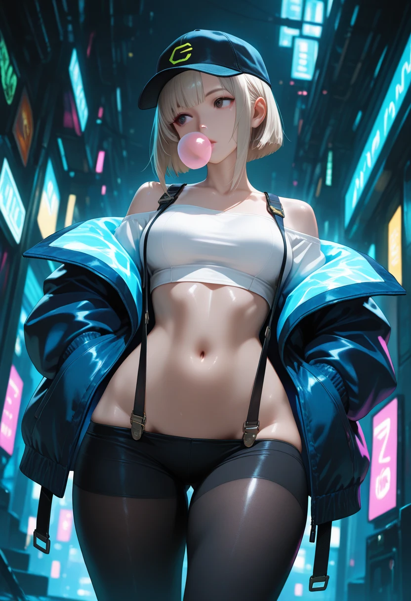 masterpiece, best quality, vibrant, very aesthetic, high contrast, semrealistic, newest,  
scenery, neon rim light, dark, 1girl, medium breasts, wide hips, huge butt, thick thighs, black (lowleg:1.3) leggings, crop top white shirt, (neon suspenders:1.2), dark blue open jacket, off-shoulder, platinum blonde,bob cut, sidelocks over shoulder,cowboy shot,from below, dutch angle, shiny dark eyes,looking away, hands in jacket pockets, oversized baseball cap, chewing gum, face focus, fine fabric emphasis, dynamic walking pose, twisty pose, head tilt, navel, wide shot, shiny skin, cyberpunk, BREAK, eyes, detailed eyes, masterpiece, best quality, amazing quality, very aesthetic, high resolution, ultra-detailed, absurdres, newest, scenery, depth of field, volumetric lighting
