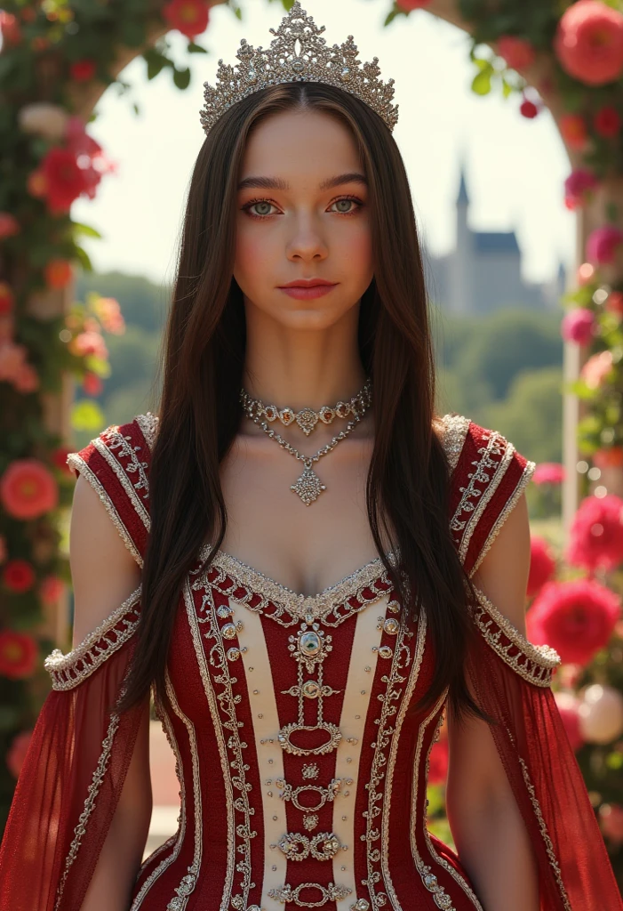 (Fine, 4k, 8k, HD, Masterpiece: 1.2), Super Fine, Eye Sparkle, Realistic, Lady, Medieval Style, Gorgeous Style, Princess Style, Gemstone Jewelry, Aristocratic Style, Full Body Shot: 1.5, Normal Shot: 1.5, Frontal Shooting, German Bro style, shy expression, straight black hair, elegant mini crown, colorful, garden scenery, high-color floral background, castle background, studio lighting, FLUX_QTNimE_2, NiJi_2_FLUX, REALNIME
