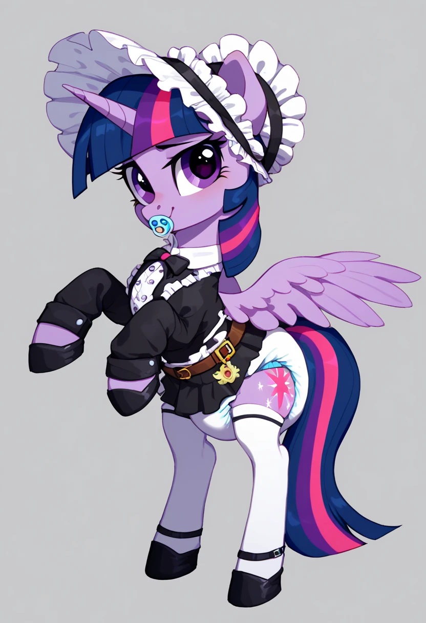 alicorn pony alone , adult mare,  Twilight Sparkle ,  on top of them, most of the mane is wrapped in a dark light bonnet with white trim on the edges , there is a small pigtail on the back with two bows ,  purple eyes , stands on four hooves ,  wide open back hooves , dressed in ornate formal black and white with the addition of light purple and dark purple to the onency maid outfit with ruffles and ruffles and a short skirt,  on the neck there is a steel collar with a purple tint and a bell ,  white stockings and black booties over hoof socks ,  big white pacifier mouth gag with straps , thick diaper under clothes,  on top of the diaper, black plastic panties with a white steel belt , solo,  simple background.
