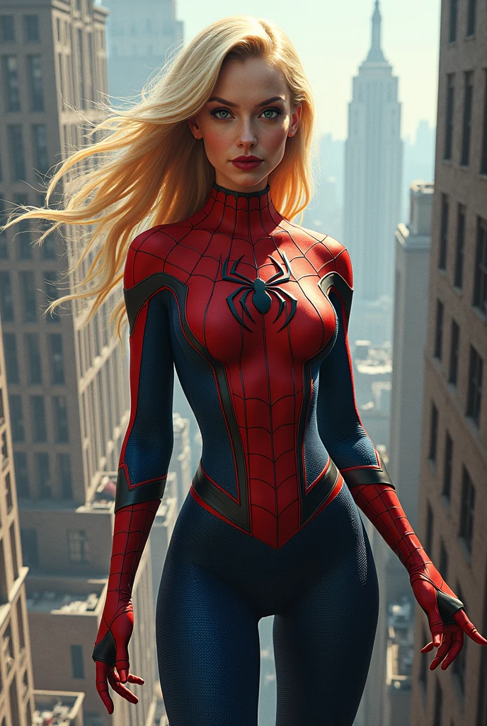 (8k, La mejor calidad, Obra maestra:1.2) spider gwen costume, female spiderman, pechos grandes, muslos hechizantes cuerpo completo, Ojos azules y cara extremadamente detallados, hermosos ojos ultra 4k detallados, Blake Lively, cloudy day, high resolution, ultrasharp face and eyes, 8k, upper body and head