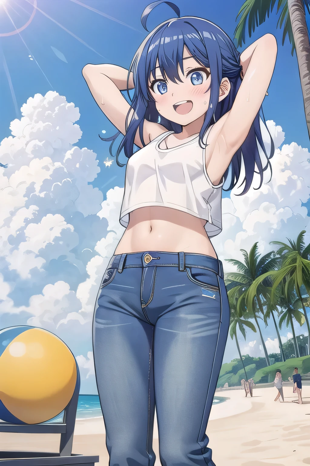 masterpiece,best quality,ultra detail, ((Perfect Face, Perfect Arms, Perfect hands, Perfect Fingers)), 1girl, , peti ((round face, ecstasy, orgasm face, drooping eyes, shame smiling, blush)), dropping eyes, sleepy, background((under the beach, (day:1.2), palm tree, bright sky)), Yanami anna, ahoge,medium hair,blue hair,sidelocks,blunt bangs,blue eyes, hair between eyes,parted bangs, blue eyes, arms behind head, contrapposto, spread armpits, looking at viewer,, (white tank top:1.2), (white crop top:1.2), (jeans pants:1.2, flares jeans:1.2, skinny jeans:1.2, blue jeans:1.2), standing, (legs spread:1.2), sex pose, Sweaty crotch, Steam from the crotch, from below, full medium body