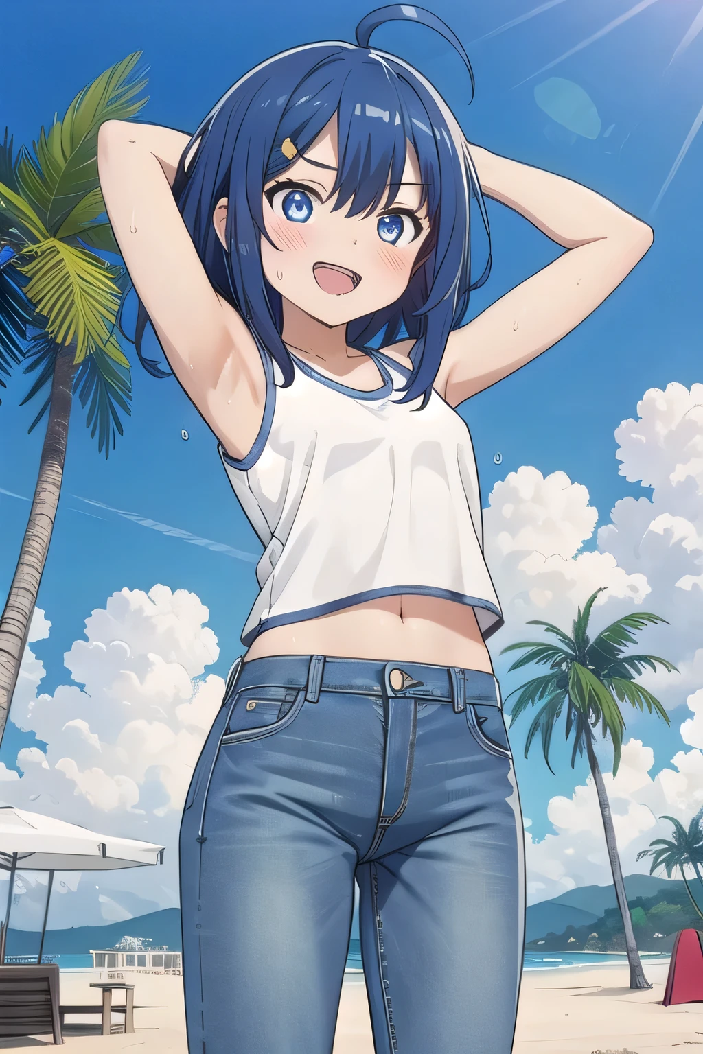 masterpiece,best quality,ultra detail, ((Perfect Face, Perfect Arms, Perfect hands, Perfect Fingers)), 1girl, , peti ((round face, ecstasy, orgasm face, drooping eyes, shame smiling, blush)), dropping eyes, sleepy, background((under the beach, (day:1.2), palm tree, bright sky)), Yanami anna, ahoge,medium hair,blue hair,sidelocks,blunt bangs,blue eyes, hair between eyes,parted bangs, blue eyes, arms behind head, contrapposto, spread armpits, looking at viewer,, (white tank top:1.2), (white crop top:1.2), (jeans pants:1.2, flares jeans:1.2, skinny jeans:1.2, blue jeans:1.2), standing, (legs spread:1.2), sex pose, Sweaty crotch, Steam from the crotch, from below, full medium body