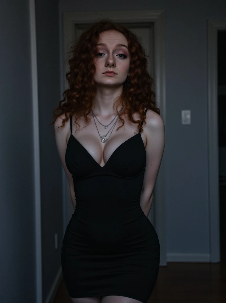 Create an innocent -yeld br-eyed girl named Molly with a tight skirt and curly auburn hair under a hypnotic mind control spell causing her to gaze lustfully at the viewer