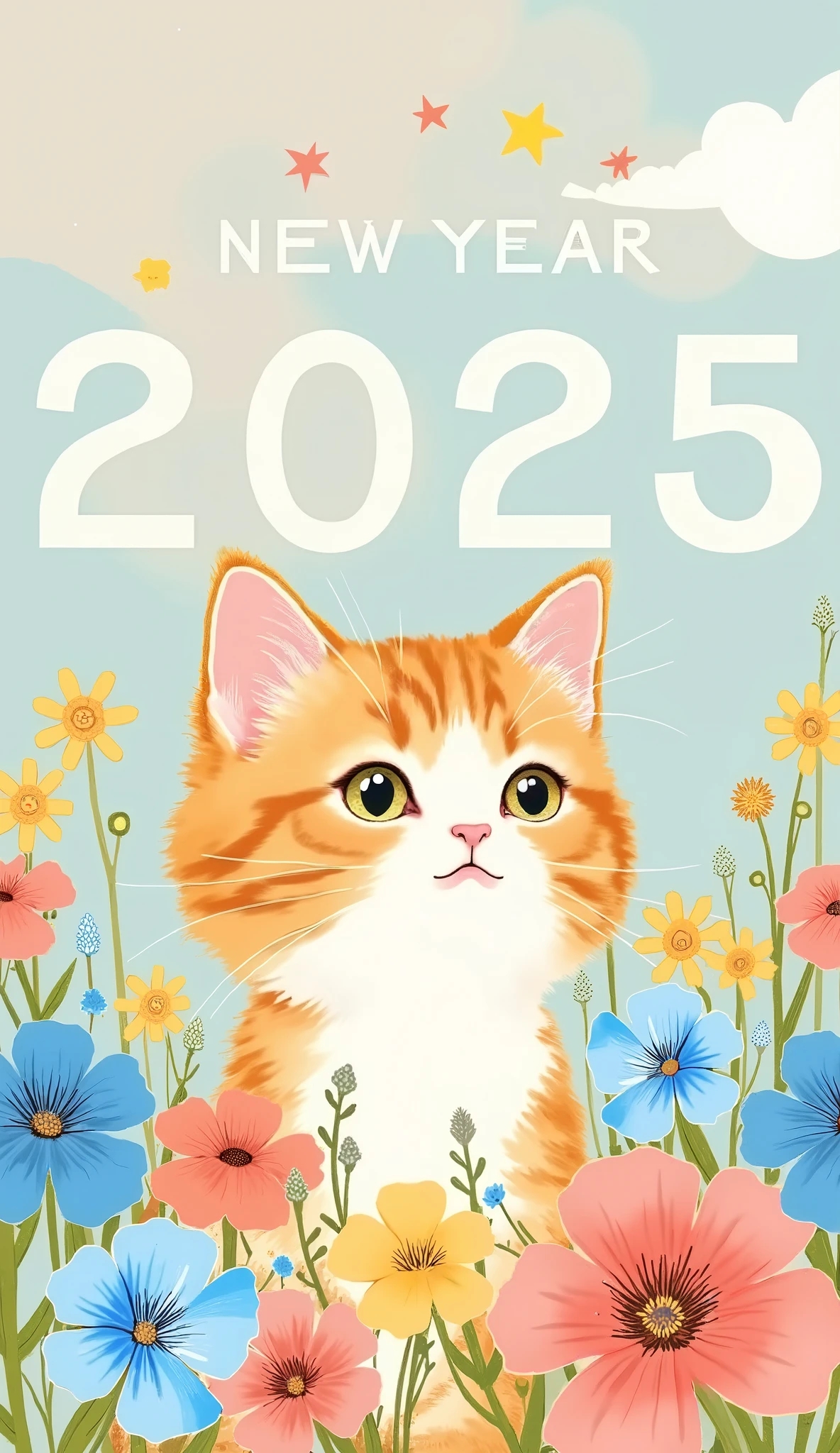  very simple posters、 pastel colored posters 、new year poster、Watercolor、 cute character 、 very cute posters 、Cats and flowers are drawn , 2025,