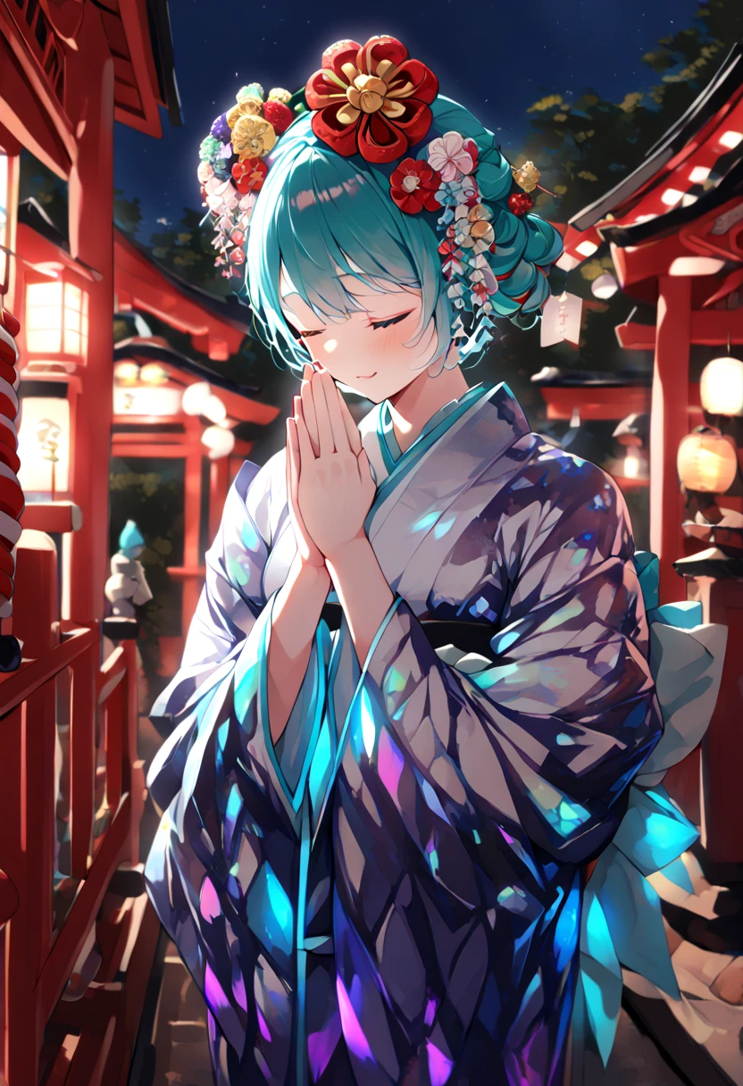 (hatsune miku:1.2), (iridescent glowing kimono, furisode:1.4), (kanzashi:1.4), (praying:1.4), (cowboy shot:1.4), (shrine:1.4), (midnight:1.4), 