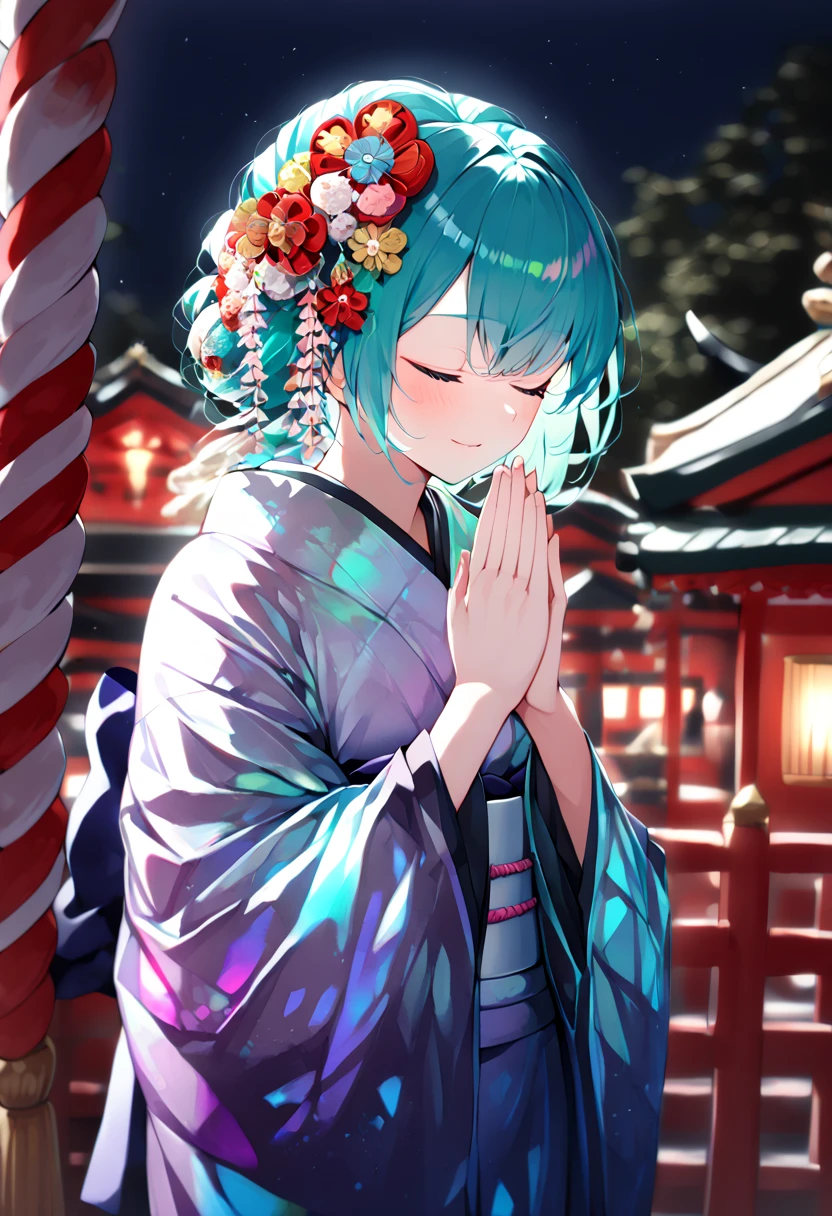 (hatsune miku:1.2), (iridescent glowing kimono, furisode:1.4), (kanzashi:1.4), (praying:1.4), (cowboy shot:1.4), (shrine:1.4), (midnight:1.4), 