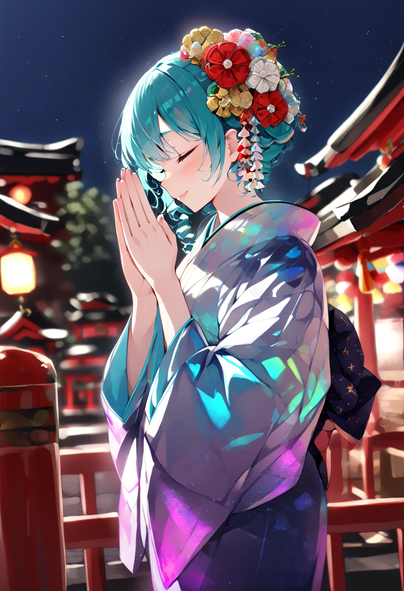 (hatsune miku:1.2), (iridescent glowing kimono, furisode:1.4), (kanzashi:1.4), (praying:1.4), (cowboy shot:1.4), (shrine:1.4), (midnight:1.4), 