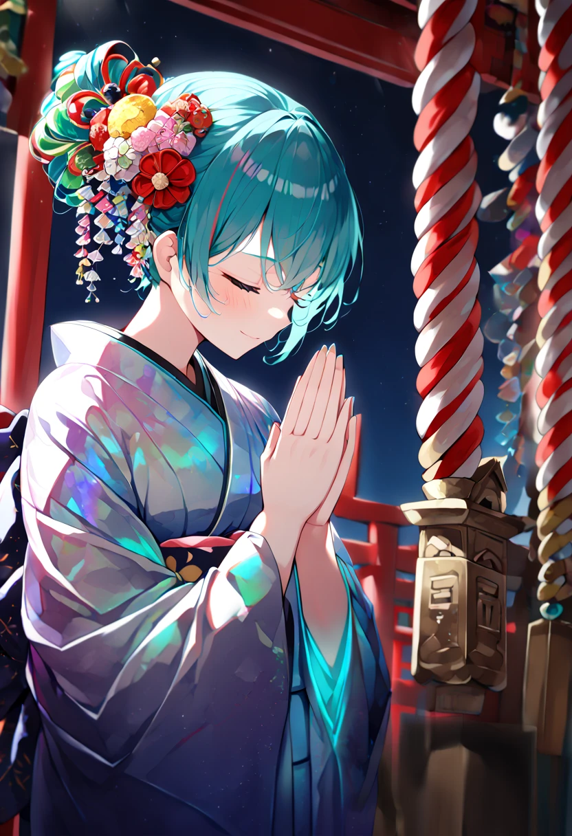 (hatsune miku:1.2), (iridescent glowing kimono, furisode:1.4), (kanzashi:1.4), (praying:1.4), (cowboy shot:1.4), (shrine:1.4), (midnight:1.4), 