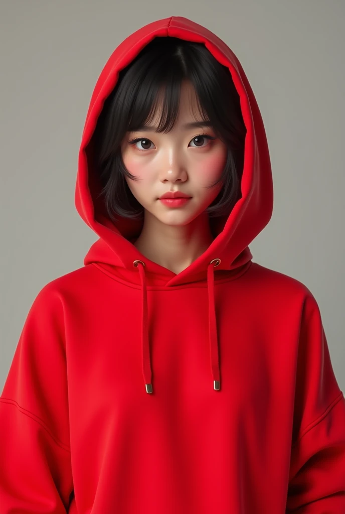 Create a character with pale skin with black hair with a red hat that has black eyes with a blue guitar shirt and a black sweatshirt and black pants with stars that is a woman