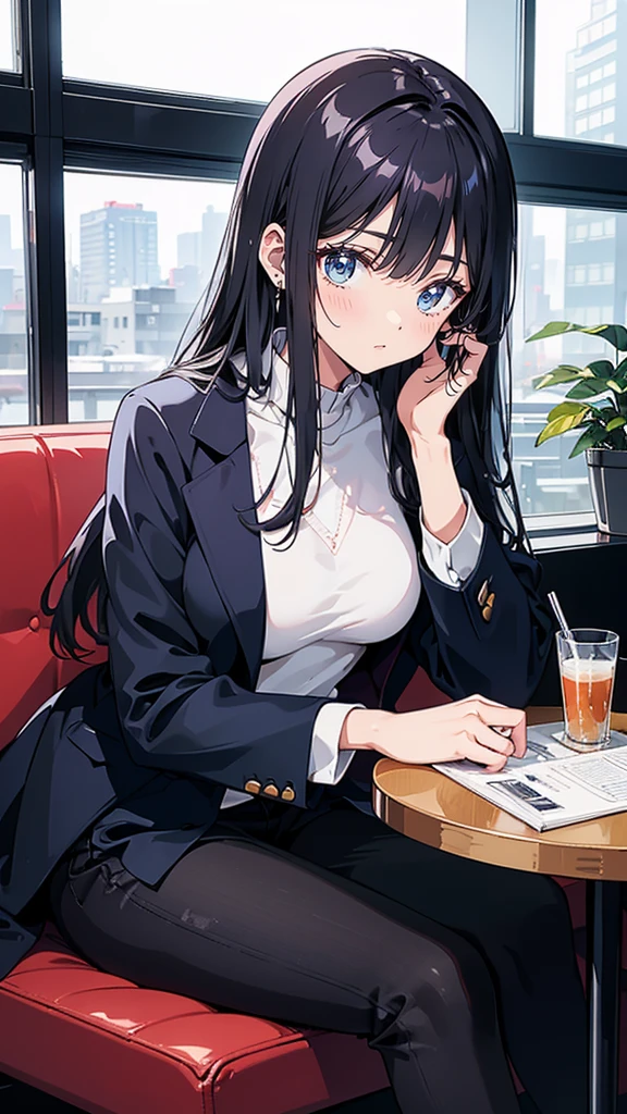 (looking away:1.5), Upper Body, Realistic, real person, (pale skin: 1.2), RAW photo, photorealistic, portrait photography, shiny skin, shiny hair、(A 25-year-old woman with medium-length hair and bangs) and (wavy hair) and (brown hair) and (orange eyes) , (business suit) and (White shirt） 、surprised, open mouth, The background is the interior of a restaurant at night.、Alone、Sitting