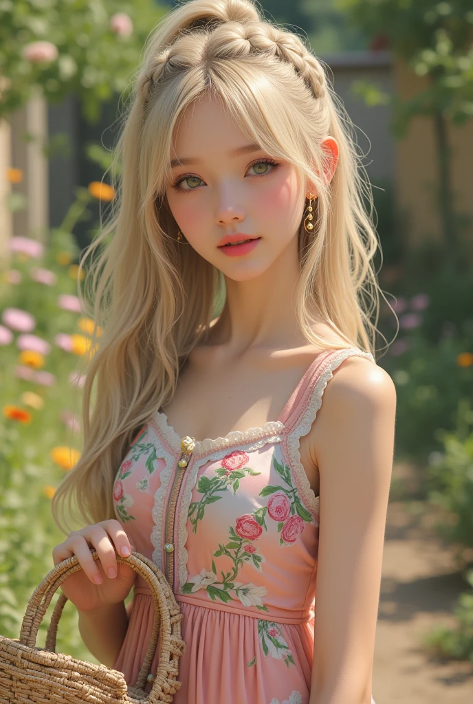 (top quality, 4K, masterpiece :1.3) a eighteen beautiful european woman, blonde haired, pale skin, very pale green eyes, slanted eyes, very long hairs, high ponytail braids, light pink lips, holding a shopping basket, beautiful detailed eyes, cute earring, cute long colorful dress, cute shoes, happy look, romantic garden landscape, delicate face, shy pose, cute and warm lighting, warm angle, detailed background, beautiful detailed eyes, whole body, stand up, flowers hairstyle, wavy hair, small, medium sized ch