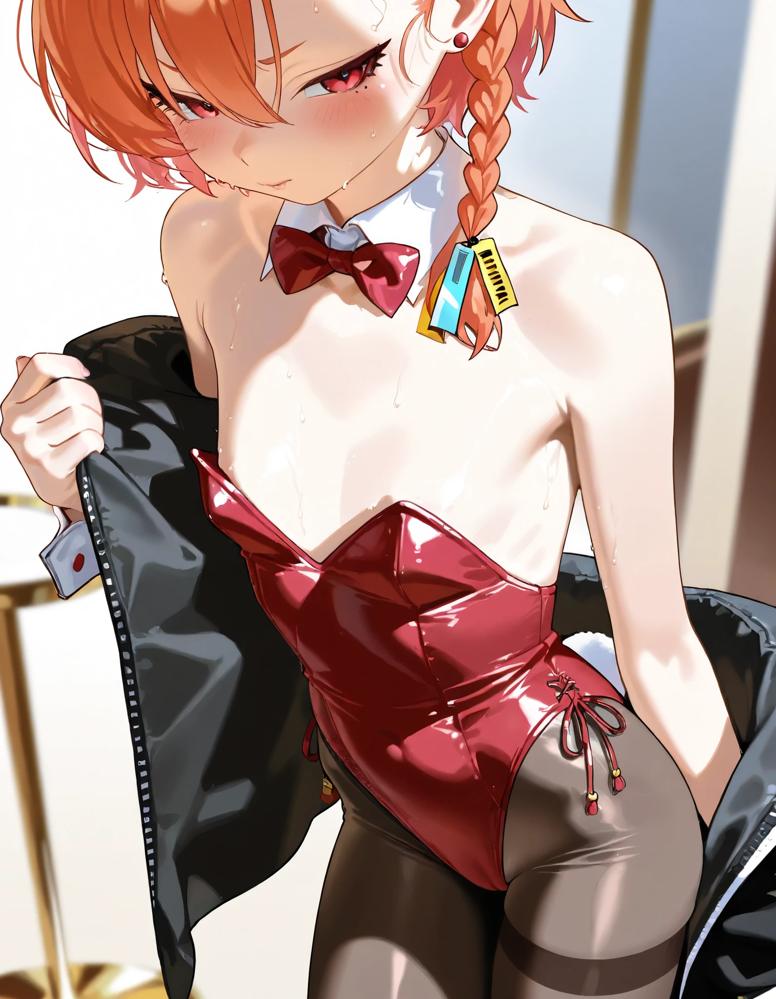 Artist : Nyalia, Neru、bunnysuit, playboy bunny、nice realistic tiny Breasts、casino, l,, Neru 、blue archive、stockings,  short orange  hair, flat chest   1girl, 、sassy , young Woman、,  、  sweaty, godlike rendering, soft shading, soft skin undressing