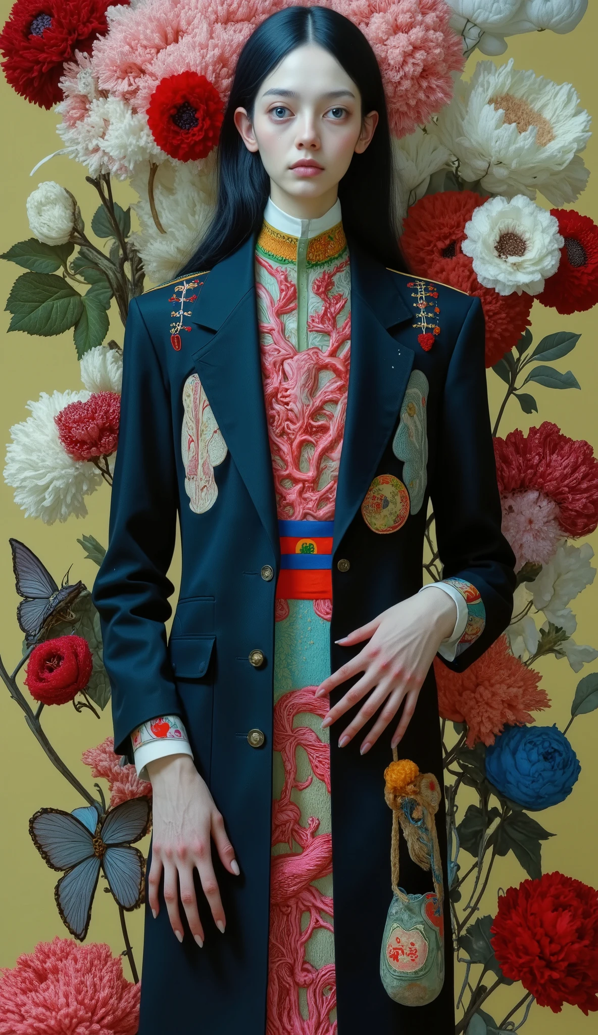 visceral_Clothing, This is a vintage ,  anatomically themed outfit worn by a person ,  adorned with colorful anatomical illustrations . ( front view ,  from hip to head ),  Woman with very long blue black hair ,  wears long dark blue jacket with tiny stars as a pattern,  beautiful complex textiles , folds,  detailed embroidered , flowers and corals , ultra definition ((8K)) ((hdr))