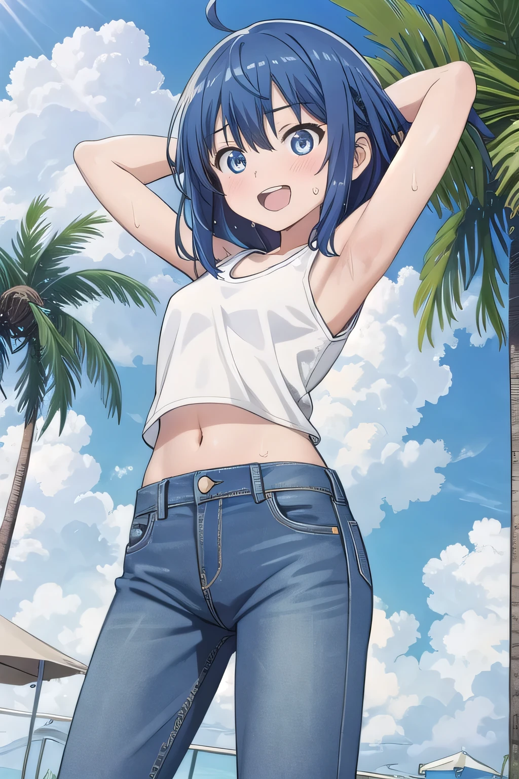 masterpiece,best quality,ultra detail, ((Perfect Face, Perfect Arms, Perfect hands, Perfect Fingers)), 1girl, , peti ((round face, ecstasy, orgasm face, drooping eyes, shame smiling, blush)), dropping eyes, sleepy, background((under the beach, (day:1.2), palm tree, bright sky)), Yanami anna, ahoge,medium hair,blue hair,sidelocks,blunt bangs,blue eyes, hair between eyes,parted bangs, blue eyes, arms behind head, contrapposto, spread armpits, looking at viewer,, (white tank top:1.2), (white crop top:1.2), (jeans pants:1.2, flares jeans:1.2, skinny jeans:1.2, blue jeans:1.2), standing, (legs spread:1.2), sex pose, Sweaty crotch, Steam from the crotch, from below, full medium body