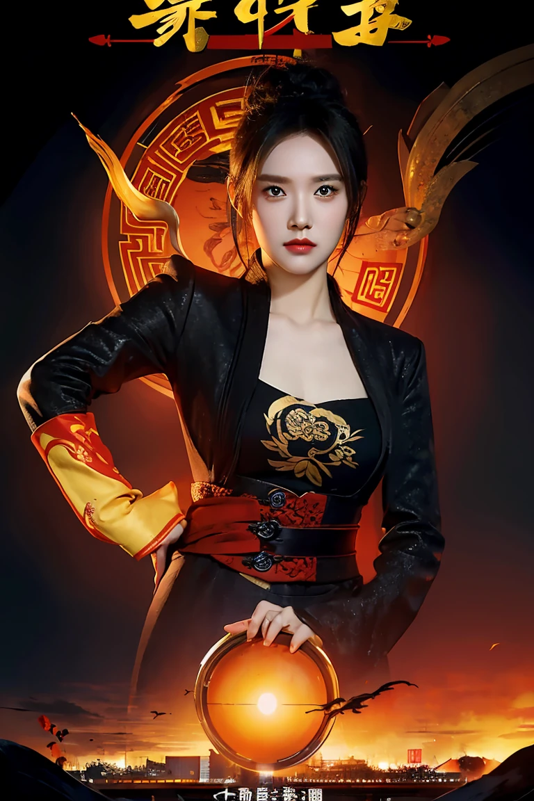 (best quality, Movie poster style), A beautiful woman (A red eye:1.2),(Meaningful Chinese characters:1.1), Perfect combination of elements.