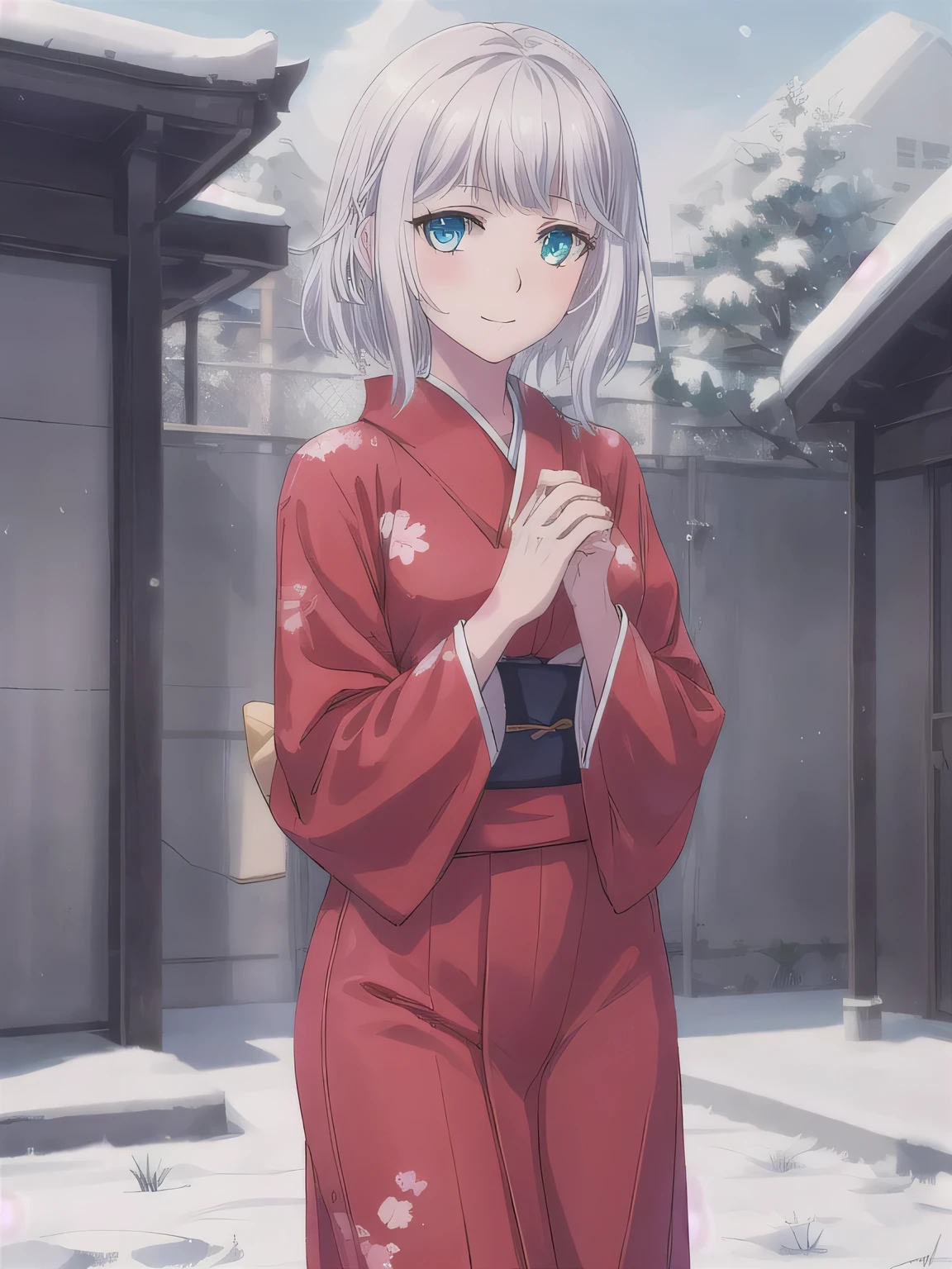 A breathtakingly beautiful 20-year-old woman with a slender physique, dressed in an elegant black and red kimono suitable for the Japanese New Year. She stands against the serene backdrop of a New Year's sunrise, featuring a traditional Japanese shrine, snow-covered grounds, and vibrant red camellias in bloom. Her gentle smile and friendly expression harmonize with the peaceful atmosphere of the snowy morning. (RAW photo, top quality, realistic, photo-realistic:1.4), (masterpiece, extremely detailed, 2k wallpaper), (Ultra Details, high res, soft light, cinematic lighting), (perfect anatomy, slender body), (extremely detailed eyes and face, beautiful nose, beautiful eyes).