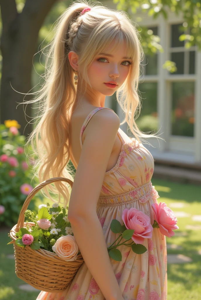 (top quality, 4K, masterpiece :1.3) a eighteen beautiful european woman, blonde haired, pale skin, very pale green eyes, slanted eyes, very long hairs, high ponytail braids, light pink lips, holding a shopping basket, beautiful detailed eyes, cute earring, cute long colorful dress, cute shoes, happy look, romantic garden landscape, delicate face, shy pose, cute and warm lighting, warm angle, detailed background, beautiful detailed eyes, whole body, stand up, flowers hairstyle, wavy hair, small, medium sized chest