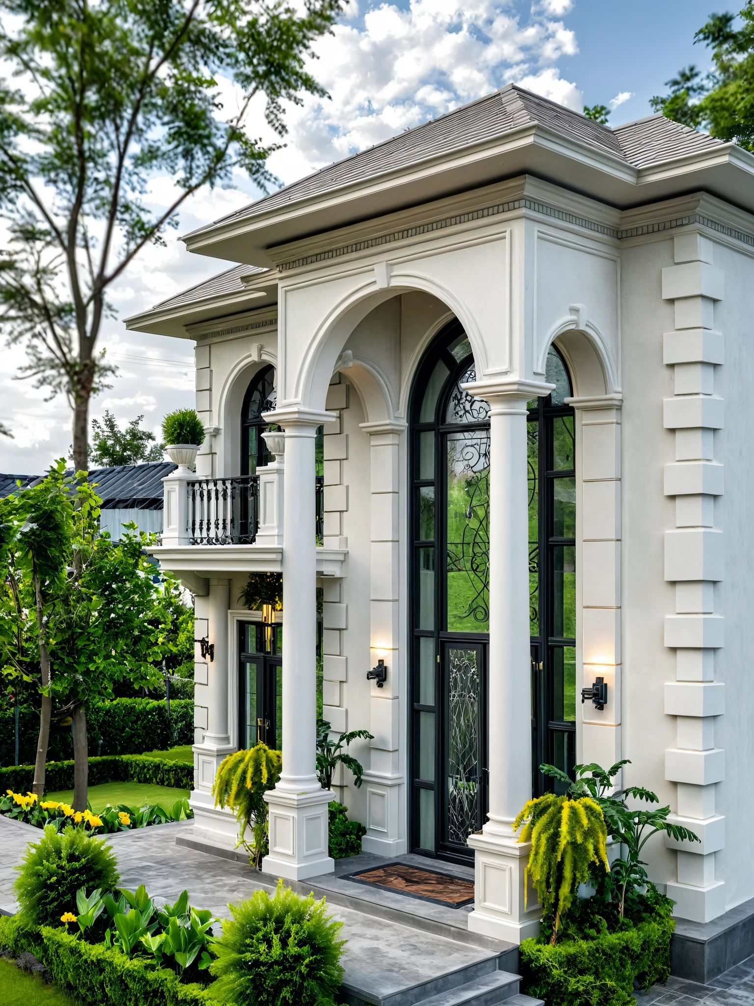 Neoclassical architecture, white walls, balconies, artistic iron railings, curved aluminum glass doors
,Masterpiece, high quality, best quality, authentic, super detail, outdoors, grass, trees, sky, cloud, (daylight:1.1)