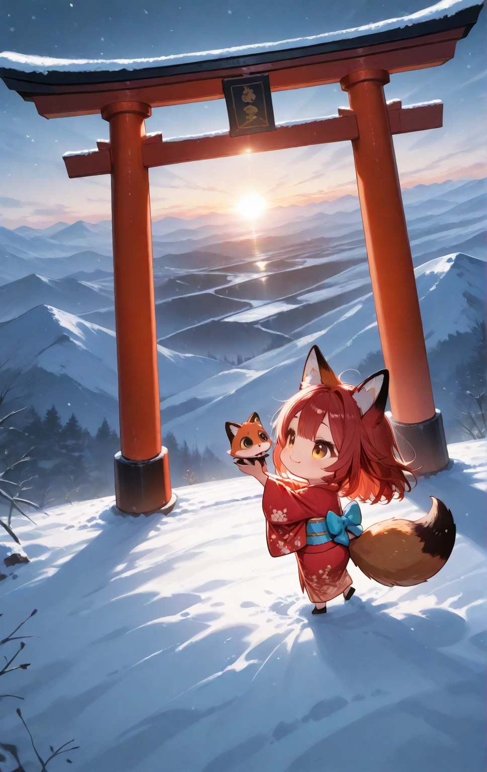 solo, 1girl\((chibi:1.3),small,cute,kawaii, (red fox ear),(red fox tail),red hair, (play around:1.5), cute, happy, smile, beautiful red kimono, from side, looking away,cute eye,big eye, cat-eye\), snowy Winter ,huge red gate torii, landscape, dramatic scene ,sunrise,(from above)