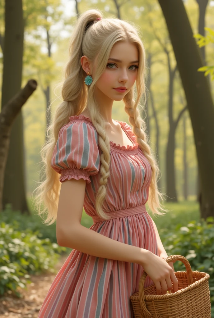 (top quality, 4K, masterpiece :1.3) a eighteen beautiful european woman, blonde haired, pale skin, very pale green eyes, slanted eyes, very long hairs, high ponytail braids, light pink lips, holding a shopping basket, beautiful detailed eyes, cute earring, cute long colorful dress, cute shoes, happy look, romantic forest landscape, delicate face, shy pose, cute and warm lighting, warm angle, detailed background, beautiful detailed eyes, whole body, stand up, flowers hairstyle, wavy hair, small, medium sized chest