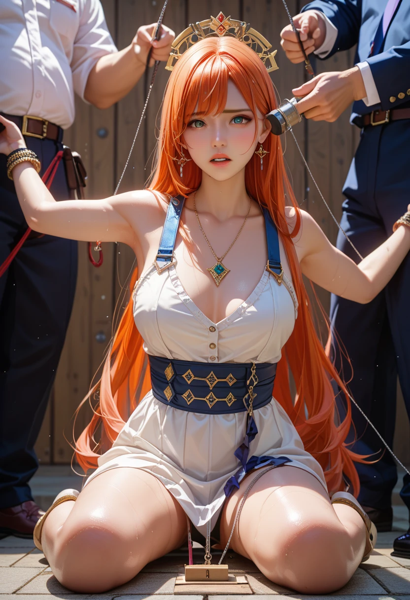 Asuna, anime style, (masterpiece:1.35),(bestquality:1.4),8k,ultra-detailed,photography,(ultra-realistic:1.4),film grain,Fujifilm XT3, professional lighting, 1girl, adult, (sexy Asian female:1.45), solo, female focus, (red hanfu)!!, earrings, fingernails, open skirt, no panty, traditional chinese background with cherry blossoms, long Hair, orange hair, braid hair, (blush face)!!, seductive smile, detailed realistic hair, symetrical hair ornament, detailed realistic clothes, jewelry, neck garter, realistic akin, (orange eyes), (lewd breast cleavage), smooth thighs cleavage, thighs garter, (laying on bed), having sex, grab torso, armpit, symmetrical hair ornament, pantyhose, bare shoulders, (correct anatomically)!!, climax together, orgasm, (cumshoot)!!, yuuki asuna \(sword art online\), (correct anatomically)!!, (1girl, having sex, 1man, penis, pussy:1.3), grab torso