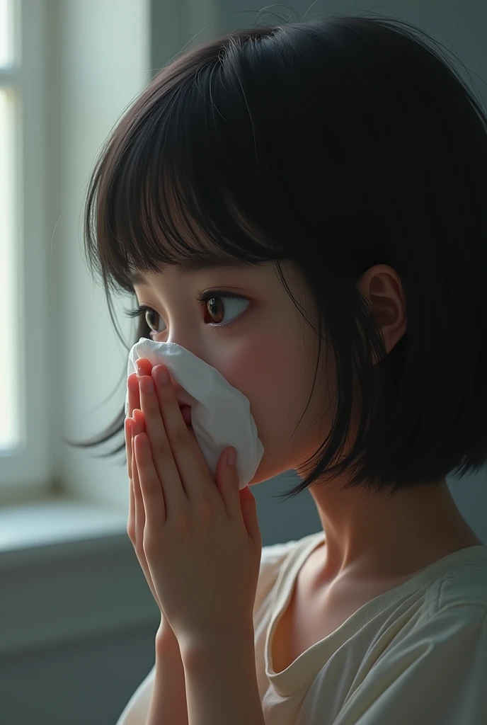 blonde woman with allergy blowing her nose in front of a dusty sofa. place blue elements.