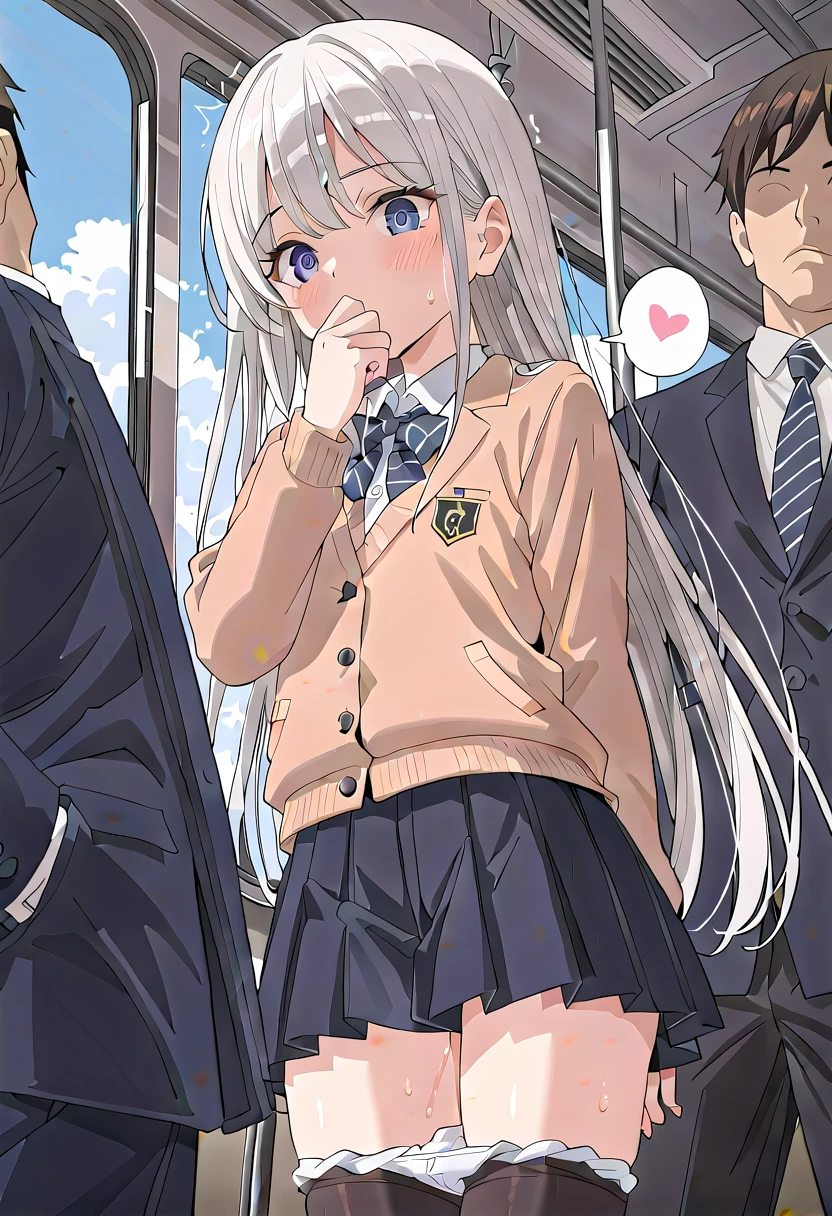 (masterpiece,beautiful,hughres,CG,8k,16k,best quality,high-resolution,detailed eyes:1.5),anime,source anime,illustration,(from below:0.6),(from front,cowboy shot:1.4),1girl,(train interior, crowded trains near the door, crowds, there are a lot of people on the train :1.5),( there is a man right behind the girl,A man touches a girl's thigh ,Crazy behavior,A man hugs a girl ,doggystyle:1.4),(white hair:1.5),blue eyes,(very long hair,straight hair,bangs:1.4),(school uniform,white shirt,pleated skirt,black skirt,black thighhighs,school shoes:1.3),(white panties:1.4),small breasts,standing,(skirt tug,panty pull:1.2),hand over own mouth, covering own mouth,(female orgasm,pussy juice:1.1),(trembling:1.4),(gasping,heavy breathing,blush:1.5),(impatience1.1),flustered,(fidgeting around:1.4),(steam:1.2),(sweat skin,sweat:1.1),(streaming tears:1.3),(drooling:1.1),(looking away:0.5),(looking down:1.4),(spoken heart:1.3),(narrow one's eyes:1.6),closed mouth