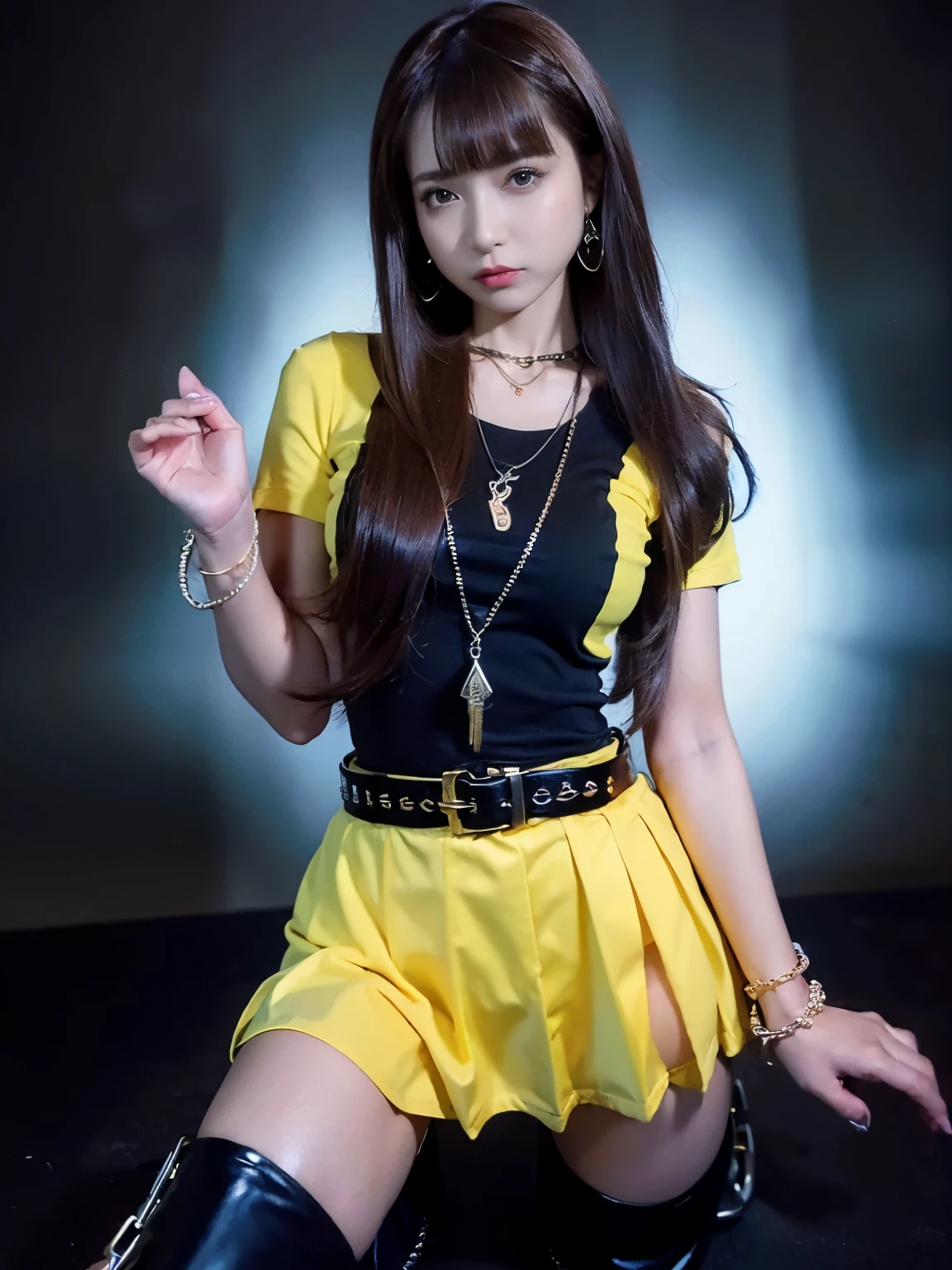 photorealistic perfect body 、(huge breasts)、( clevis on a stone:1.2)、( Thin Waist:1.5)、(Open Heart Yellow Shirt:1.5)、(Plaid Micro Mini Skirt:1.5)、(chain belt:1.5)、(Knee-length boots:1.5)、( one girl:1.9)、 super high image quality、 super high image qualityリアルな画像、( Colorful Hair :1.6)、 Japanese 、、baby face、Intown、(Very dark brown skin :1.5)、 dark eyeshadow 、 thick eyeliner 、 gal style earrings、 Gal Style Necklaces 、 Gal Style Bracelets 、 gal makeup、whole body