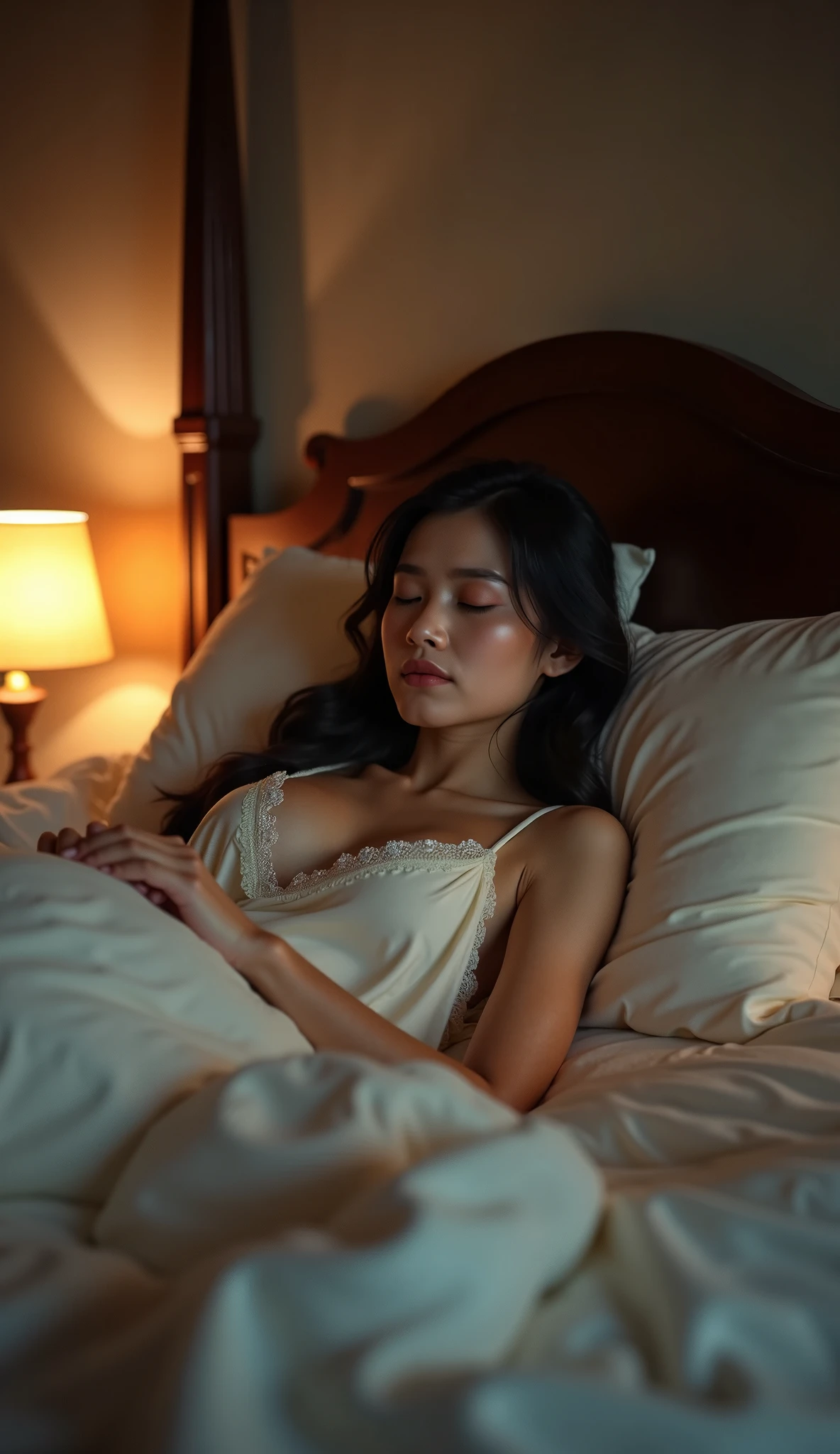 Thai woman A serene photo of a 20-year-old Thai woman peacefully sleeping on a comfortable sofa. She is dressed in casual attire, her dark hair cascading over the side of the sofa. A soft, warm light illuminates the room, casting gentle shadows on the walls. A cozy throw blanket is draped over her, creating an inviting and relaxed atmosphere.A captivating scene of a 20-year-old Thai woman asleep on a cozy sofa, her delicate features softened by peaceful slumber. A man leans in close, whispering intently into her ear, their conversation shrouded in secrecy. The room is dimly lit, with warm hues casting a gentle glow on their faces, creating an atmosphere of intimacy and intrigue., photo