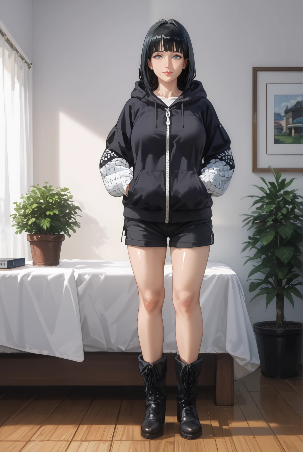 score_9, score_8_up, score_7_up, source_anime,masterpiece, best quality, very aesthetic, absurdres,cinematic lighting,1girl, mature female,milf,shiny skin,hinapony, black hair, byakugan eyes,hooded jacket, layered sleeves,shorts, boots, full body,bedroom background, wall clock, study table, potted plants, complex background,perfect anatomy,