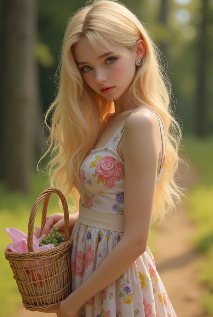 (top quality, 4K, masterpiece :1.3) a eighteen beautiful european woman, blonde haired, pale skin, very pale green eyes, slanted eyes, very long hairs, light pink lips, holding a shopping basket, beautiful detailed eyes, cute earring, cute long colorful dress, cute shoes, happy look, romantic forest landscape, delicate face, shy pose, cute and warm lighting, warm angle, detailed background, beautiful detailed eyes, whole body, stand up, flowers hairstyle, wavy hair, small, medium sized chest