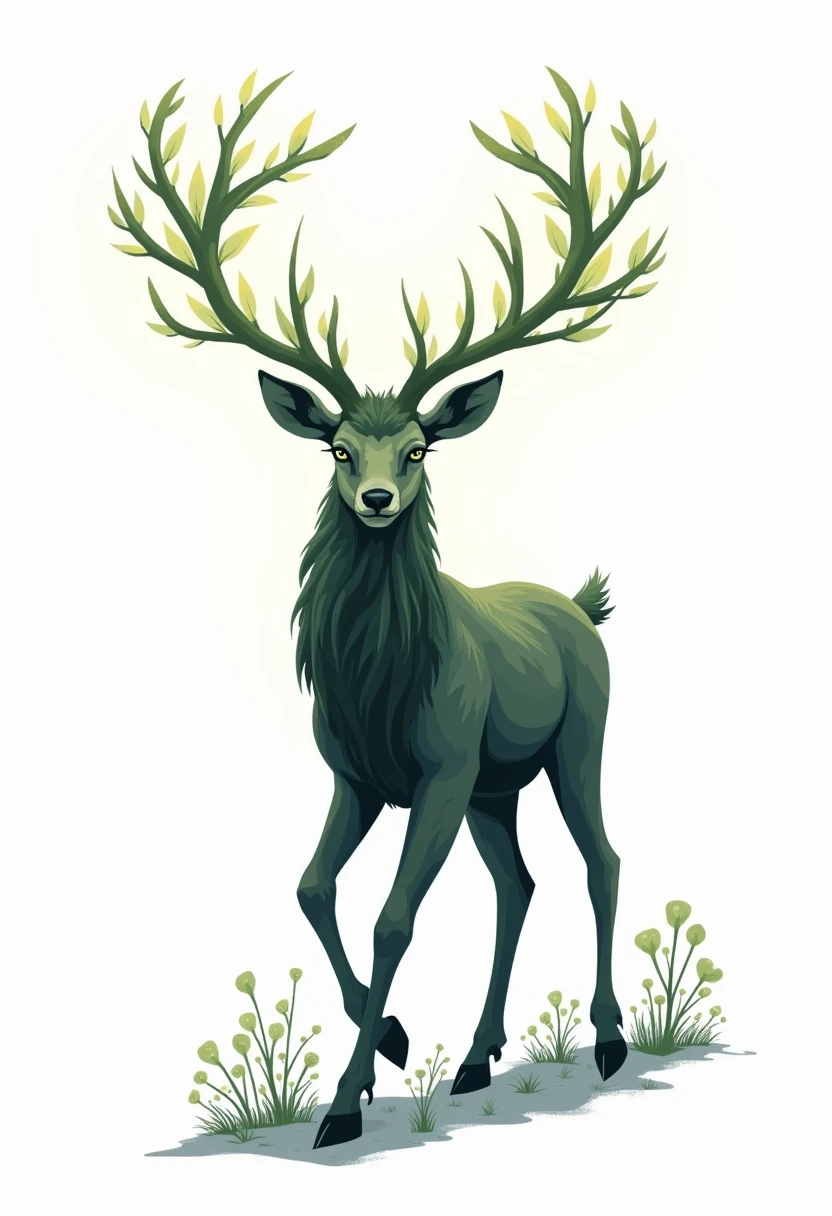 Simple vector graphic isolated on white background, "Guardian of the Forest"
A majestic deer with branched antlers covered with glowing leaves.
Feature: Its tracks leave behind sprouts that instantly blossom.