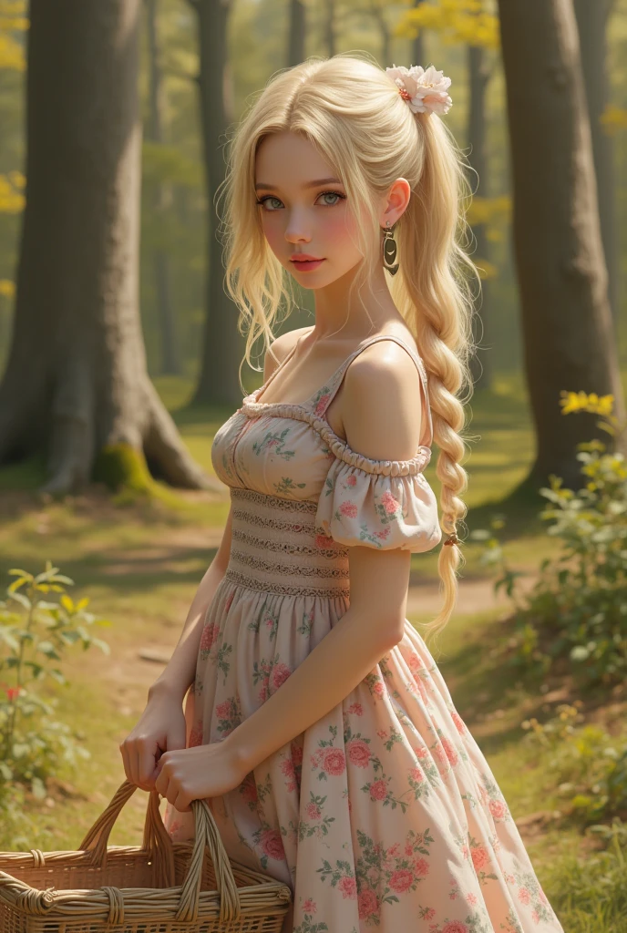 (top quality, 4K, masterpiece :1.3) a eighteen beautiful european woman, blonde haired, pale skin, very pale green eyes, slanted eyes, very long hairs, high ponytail braids, light pink lips, holding a shopping basket, beautiful detailed eyes, cute earring, cute long colorful dress, cute shoes, happy look, romantic forest landscape, delicate face, shy pose, cute and warm lighting, warm angle, detailed background, beautiful detailed eyes, whole body, stand up, flowers hairstyle, wavy hair, small