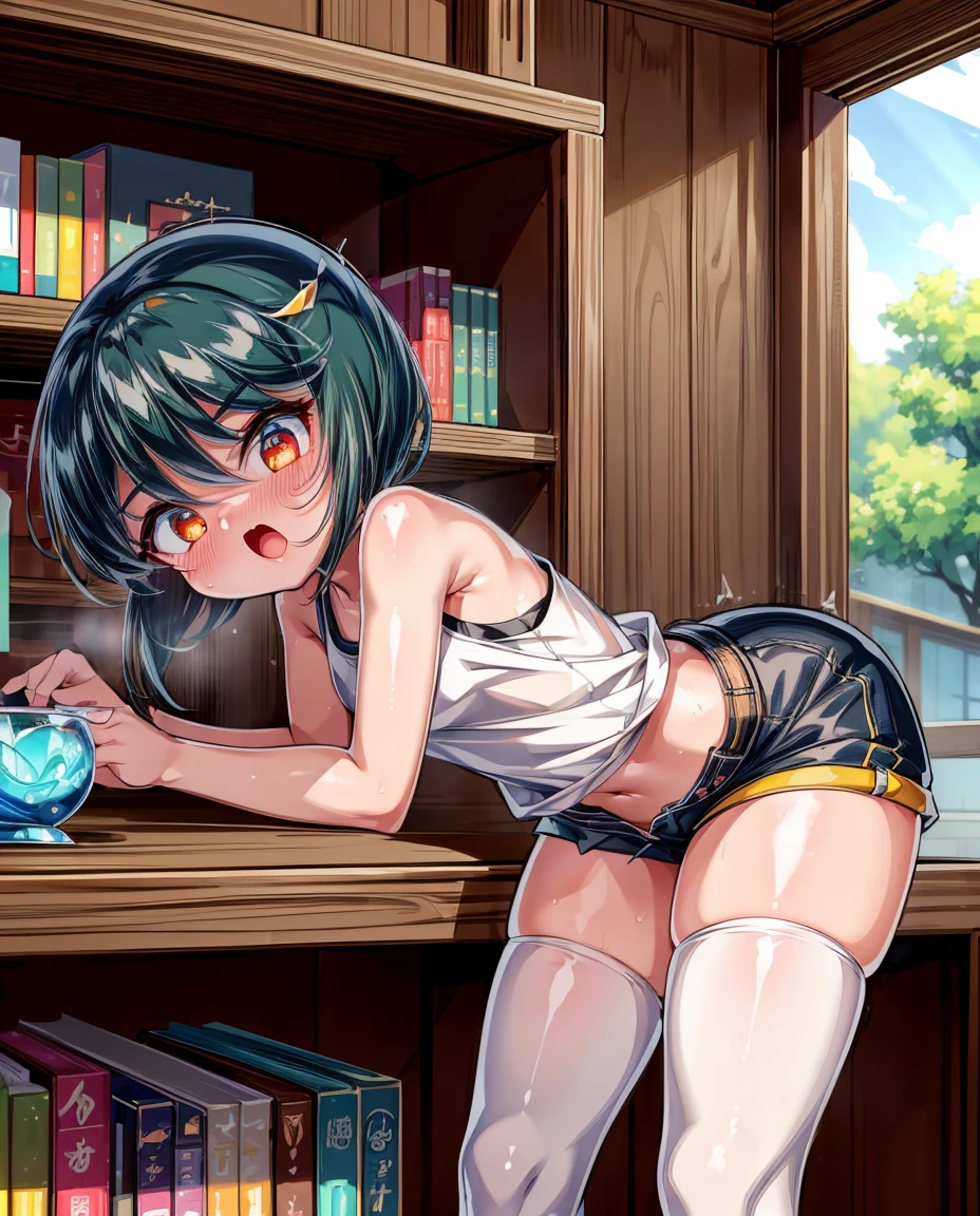 (8k、 top quality、masterpiece:1.2)、（short hair）、（girl:1.0）、( tank top、 shorts 、thighhighs:1.0）、whole body、（vapor:0.8）、Panting、Crouch down while leaning against a bookshelf