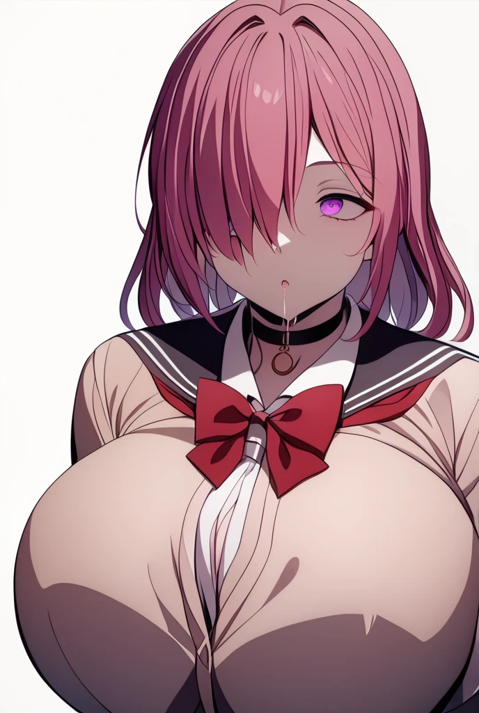  1 girl,  be careful ,(((Large Machine-Made Choker))), expensive,huge breasts, clavicle, Glowing purple eyes, absurd, brainwashing, puffy eyes , (( are expressionless,Emotional erasure)),whole body像,((stand up,   is standing)), (expensiveest quality、4K、8k、 high resolution、must:1.2)、 very detailed、(reality、それは realisticだ.、 realistic:1.37)、 ticker、Hyper HD、 Studio Lighting 、Ultra High Definition Paint、 sharp concentration、 physically-based rendering、 Extreme Details、Professional specifications、Vibrancy and color、Blurred、Sports portrait、landscape、 horror style 、Anime Big 、SF、  photos of Abbey School Uniforms、 Concept Artist、 five fingers,  perfect body,  {{{masterpiece}}}, {{{expensiveest quality}}}, {{ very detailed}}, {shape}, {{ very delicate and beautiful }},Improved Cost-Effectiveness 、All Roles、Canon 5D MK4で  photos of Abbey School Uniforms、  photos of Abbey School Uniforms, whole body、  white background、salute,Chin Lift,  moans,  drool、 fat man,	 hair over one eye