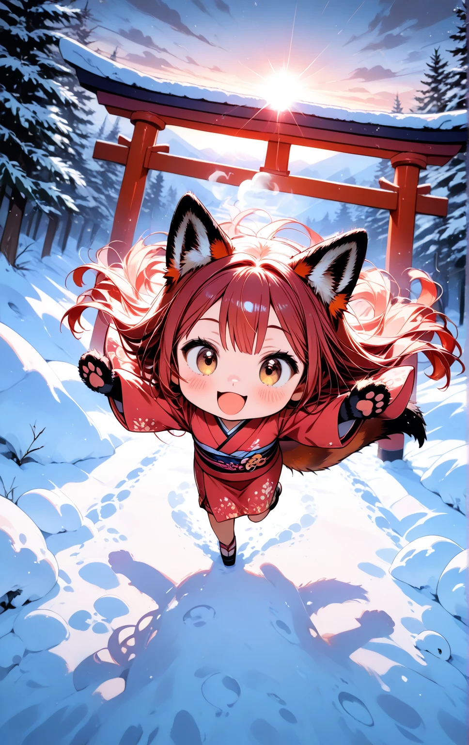 solo, 1girl\((chibi:1.3),small,cute,kawaii, (red fox ear),(red fox tail),red hair, (run around on snow), cute, fox hand,happy, smile,open mouth, beautiful red kimono, action pose, looking away,cute eye,big eye, cat-eye\), snowy Winter ,huge red gate torii, landscape, dramatic scene ,sunrise,(from above)