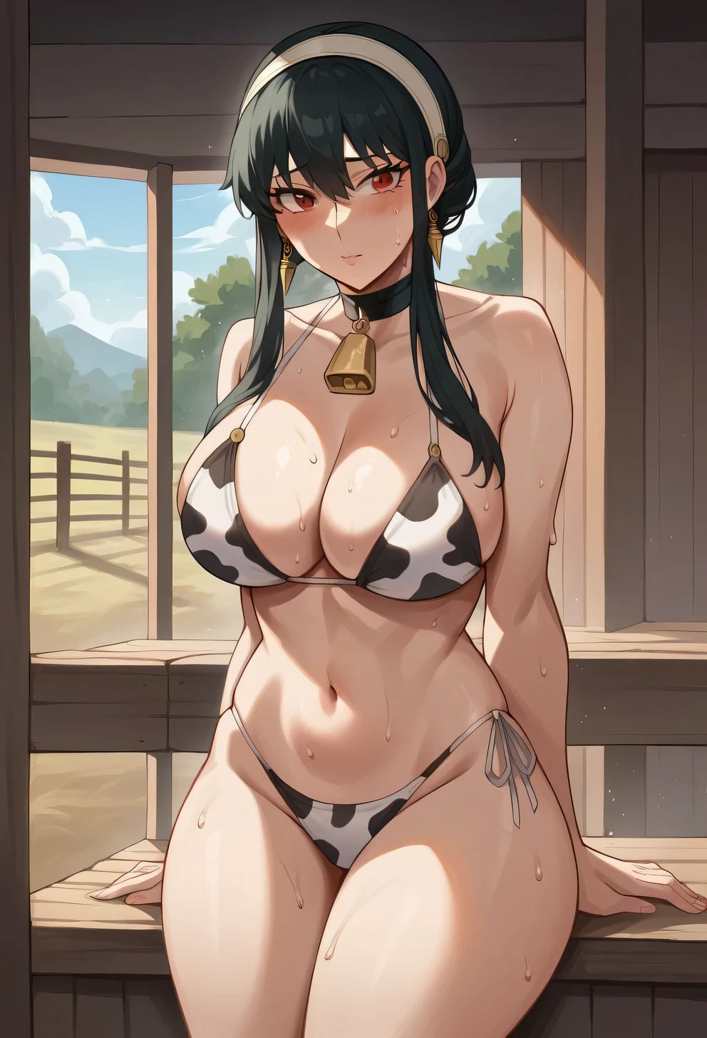 score_9, score_8_up, score_7_up, source_anime, yor briar, black hair, red eyes, earrings, white hairband, hairband, long hair, sidelocks, large breasts, looking at viewer, sweat, sweaty, sweaty:1.3, thick thighs, cow pattern bikini, cow pattern bikini, farm, farm,