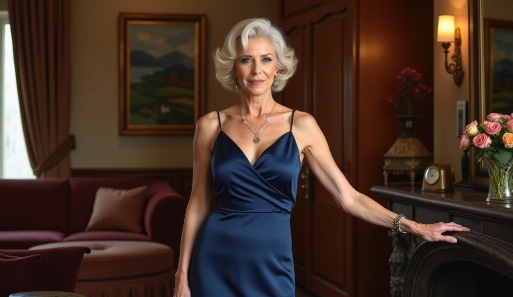 Silver-haired woman in dress, 1womanl, Solo, sun skirt, Photorealistic, Realism, Realistic, Human